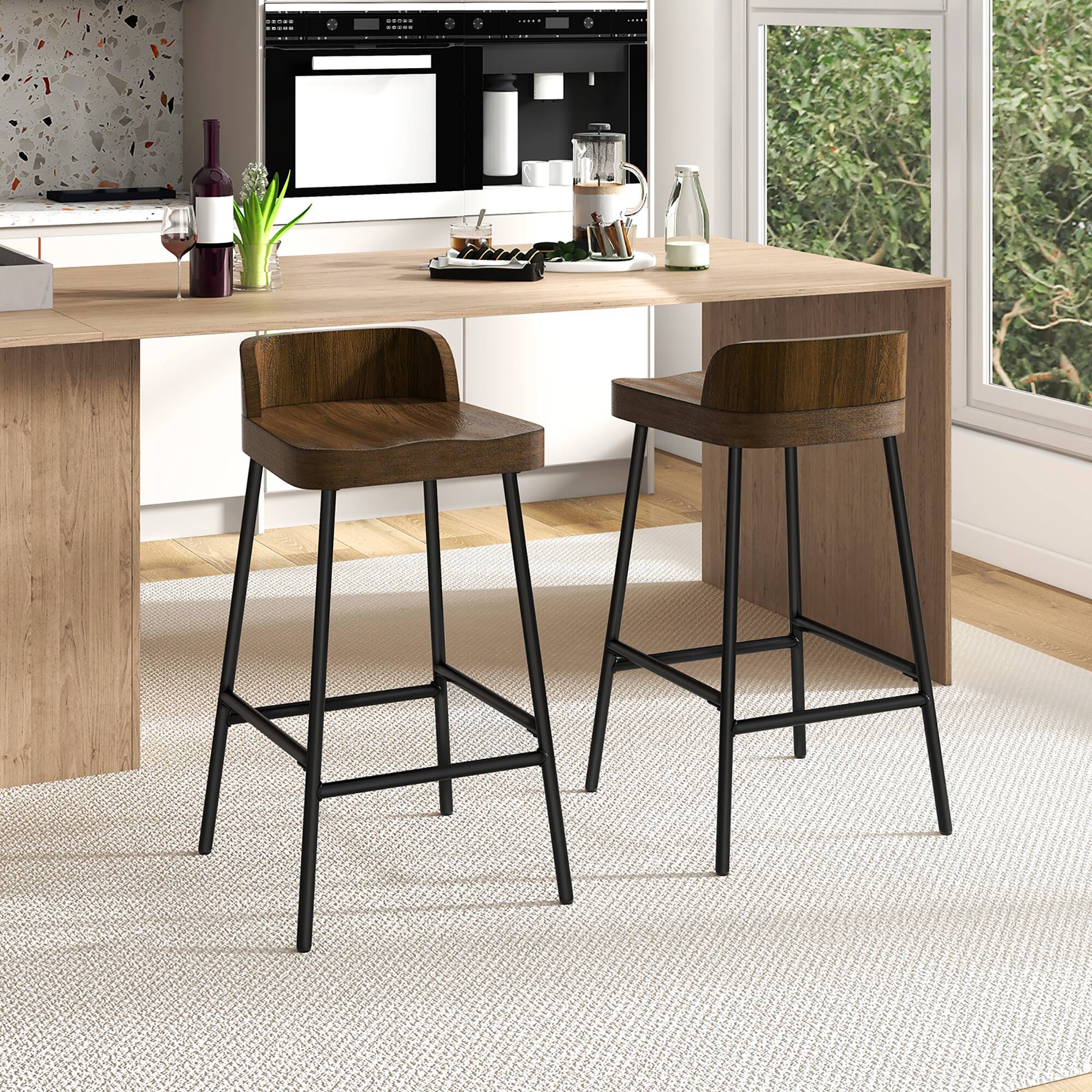 Alt View 5. Gymax - Gymax 24.5''Bar Stool Set of 2 Armless Bar Chair w/ Backrest Footrest & Metal Frame Cafe - Rustic Brown,Black.