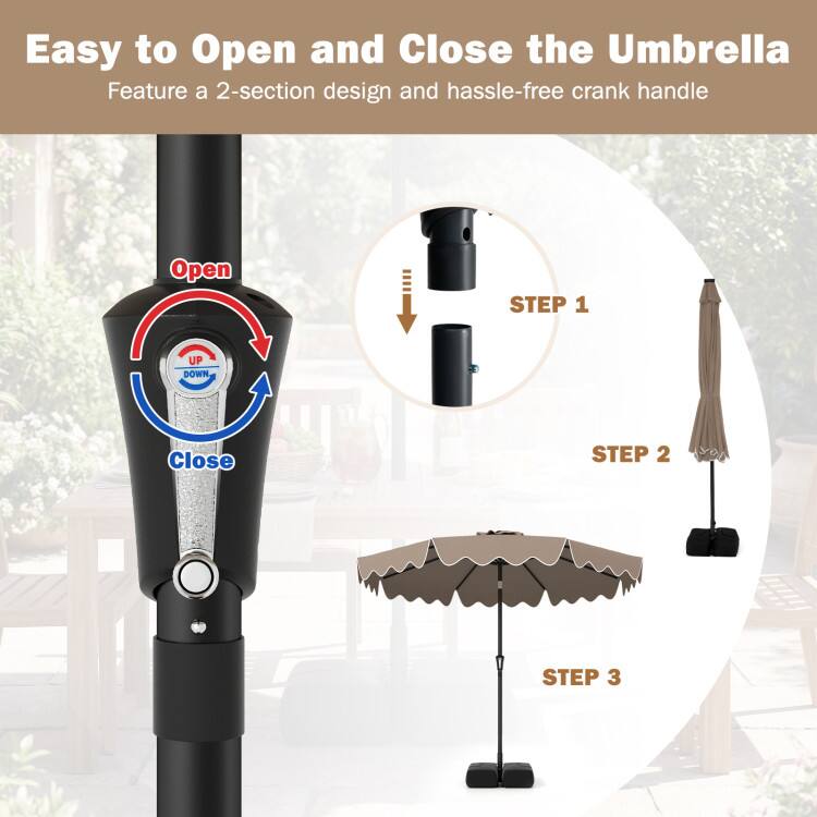 Easy to Open and Close the Umbrella  
Feature a 2-section design and hassle-free crank handle  

Open  
UP DOWN  

Close  

STEP 1  
STEP 2  
STEP 3