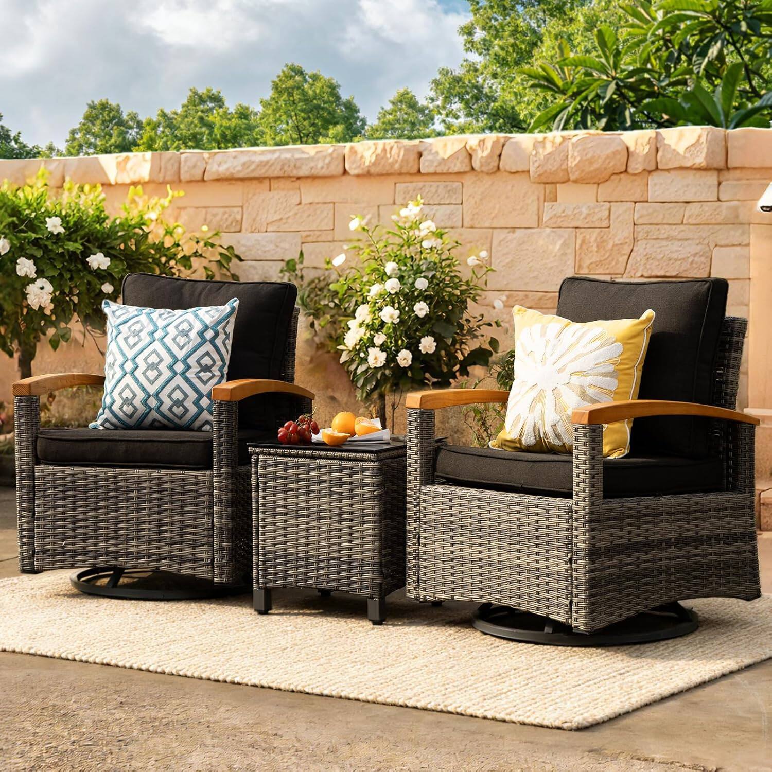 Front. Yardgrace - 3-Piece Outdoor Swivel Rocking Chairs Set, 360° Patio Furniture with Wood Armrests & Side Table for Deck Yard Poolside - Black.