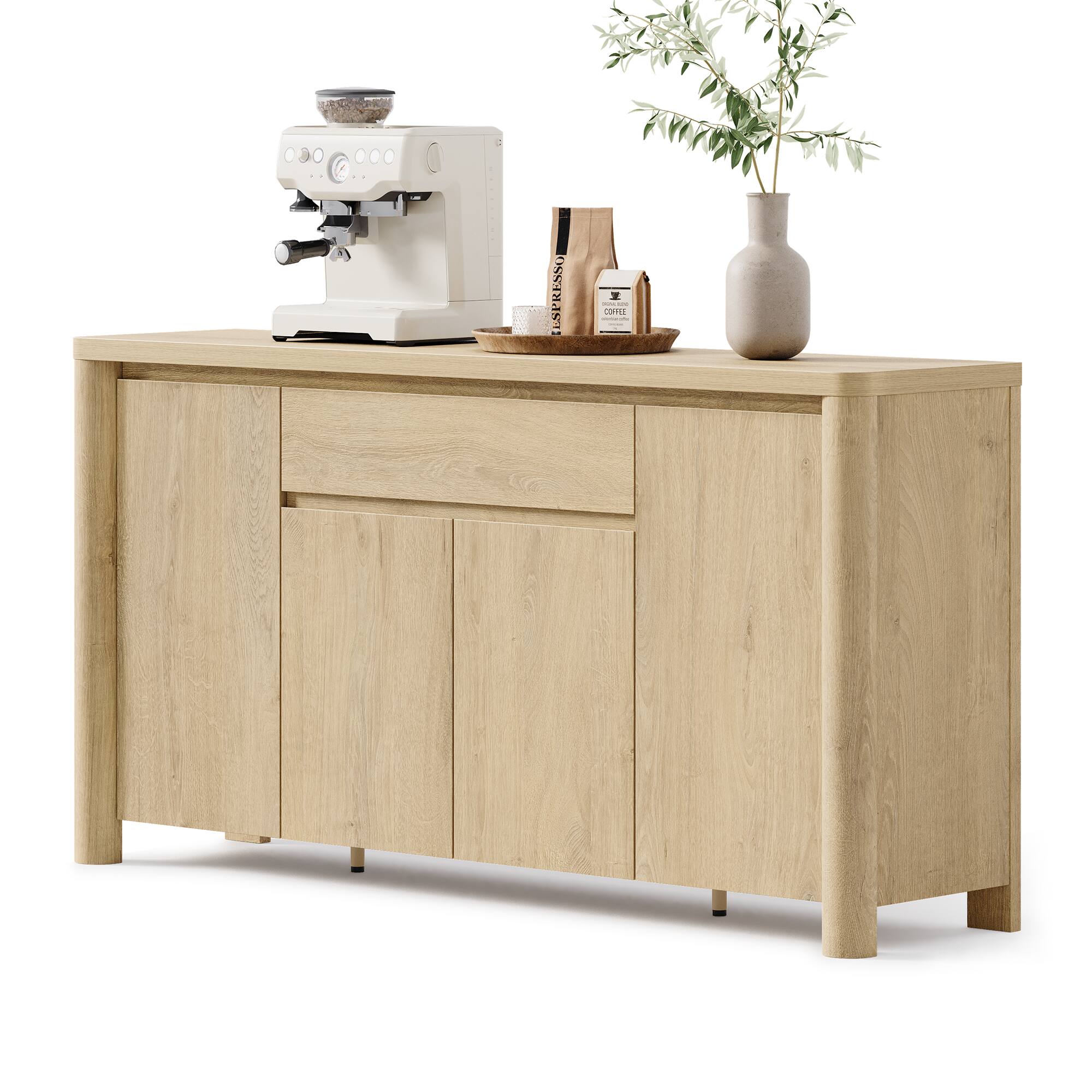 ModernMate - Sideboard Buffet 63 Inch Curved Modern Kitchen Dining Storage with Drawer 4 Cabinets and Adjustable Shelves - Natural Oak price history on PriceWatchPro