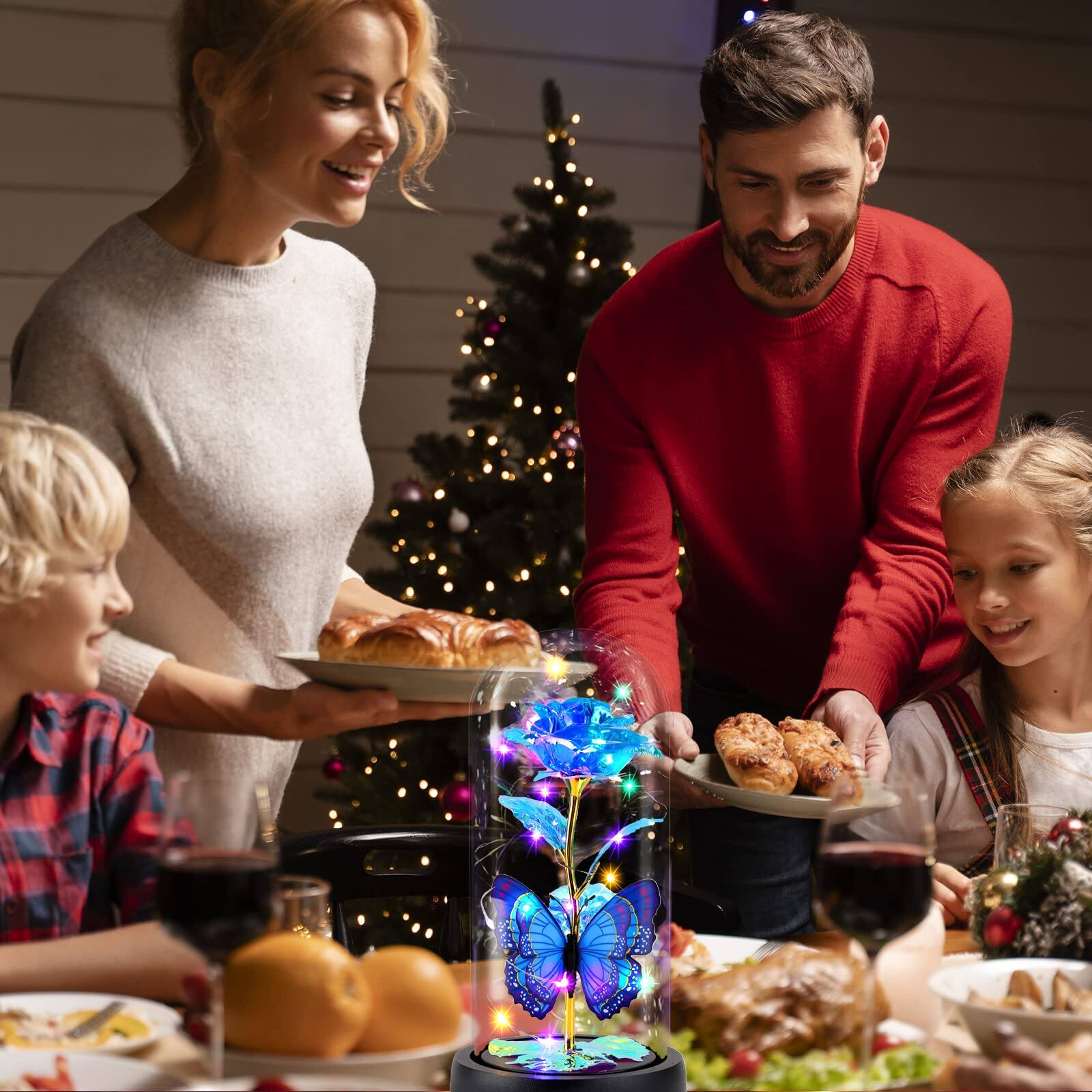 Alt View 3. Fabibe - Beauty And The Beast Rose Flower Gifts For Women Light Up Galaxy Gift Mom Crystal With Butterfly In Glass Dome - Red2.