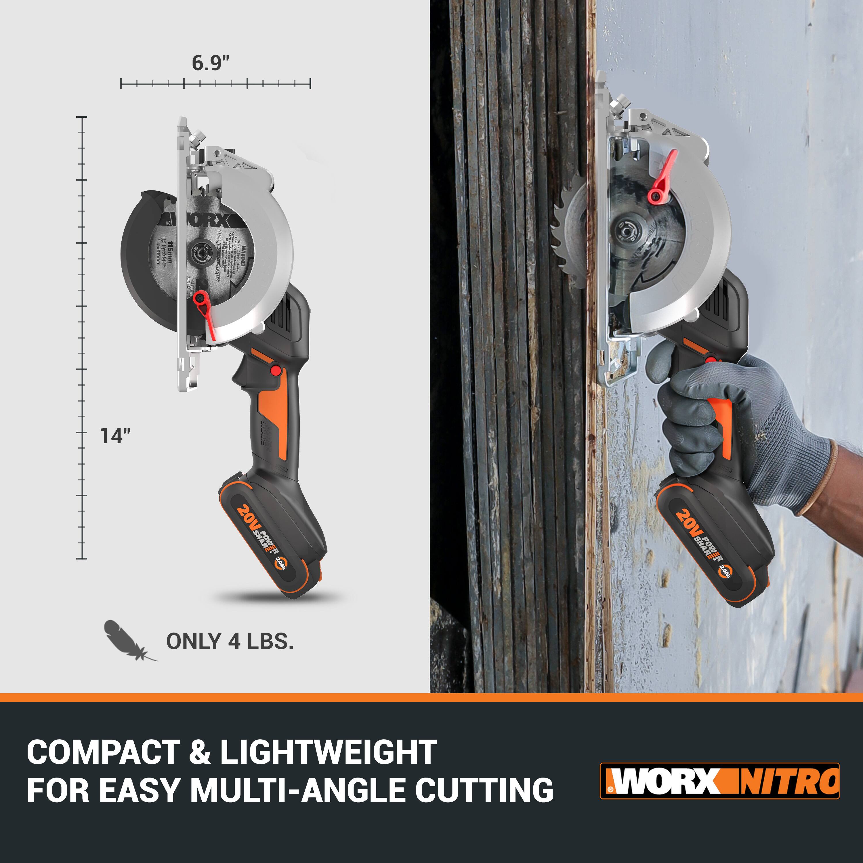 The text on the image reads: "6.9" 1  ORX I I I I : 14" 20V. 'N 20V RT " Ld ONLY 4 LBS. COMPACT & LIGHTWEIGHT FOR EASY MULTI-ANGLE CUTTING WORX NITRO."