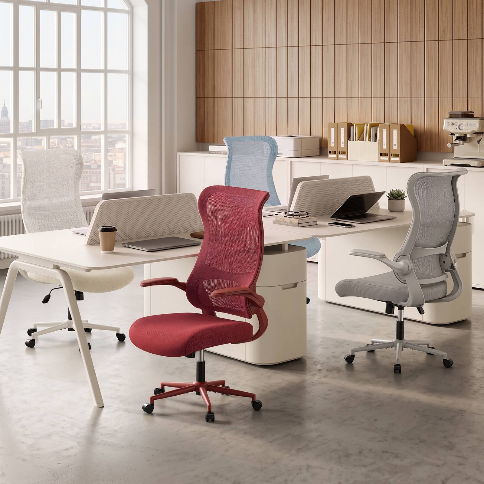 Alt View 3. Pinmoco - Ergonomic Office Chair with Breathable Mesh, Home Desk Chair with Flip-Up Armrests, Lumbar Support and Rocking Tilt - Red.