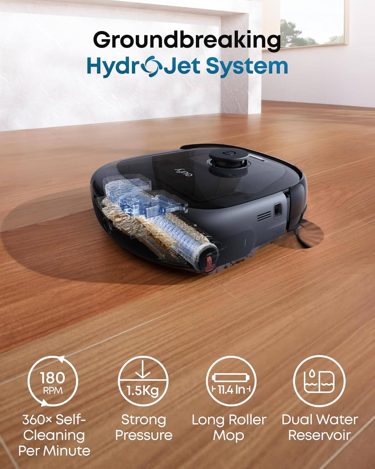 Groundbreaking Hydro Jet System, 180 RPM, 1.5Kg, 11.4 In, 360x Self-Cleaning Per Minute, Strong Pressure, Long Roller, Dual Water Reservoir