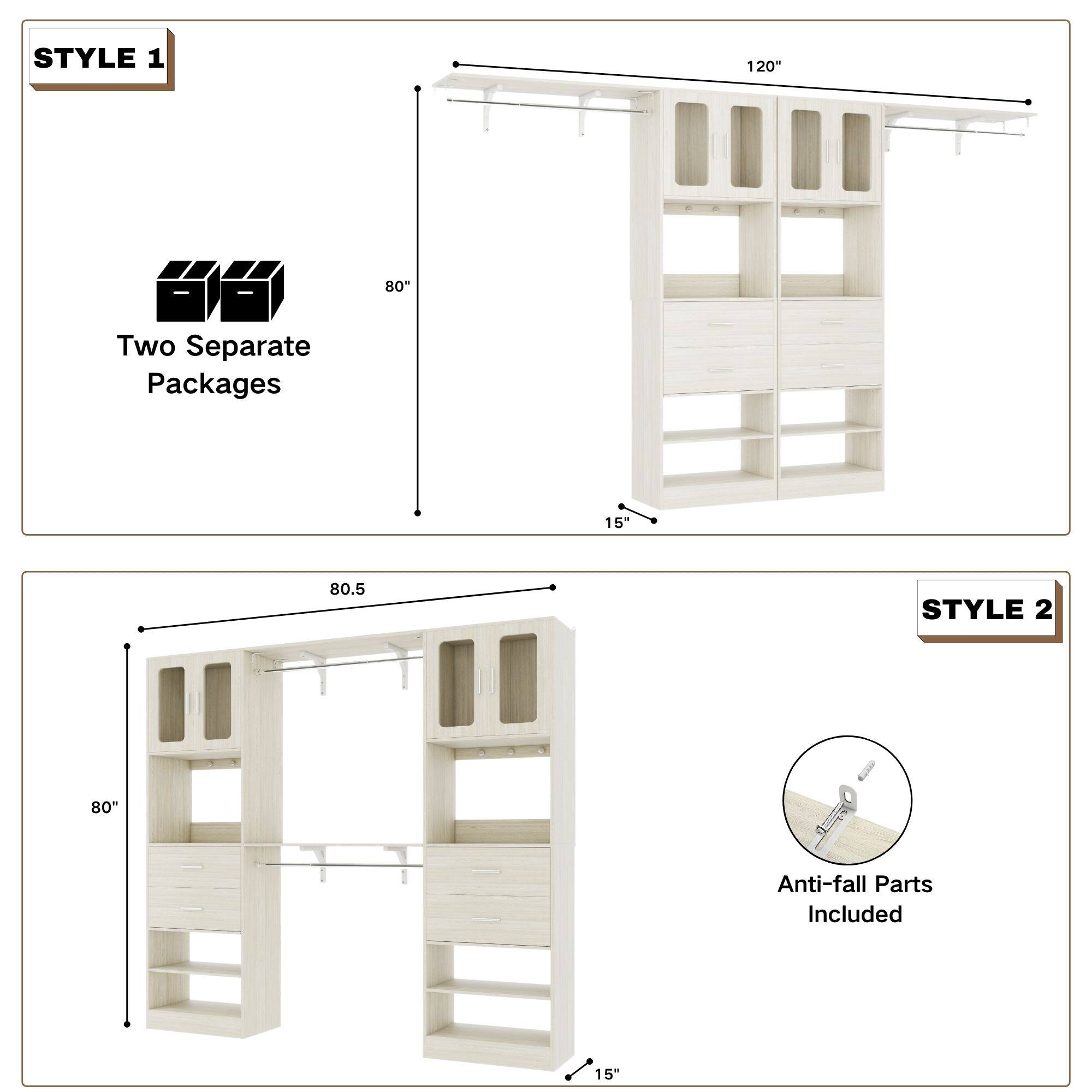 STYLE 1  
120"  
Two Separate Packages  
80"  
15"  
80.5"  

STYLE 2  
80"  
Anti-fall Parts Included  
15"
