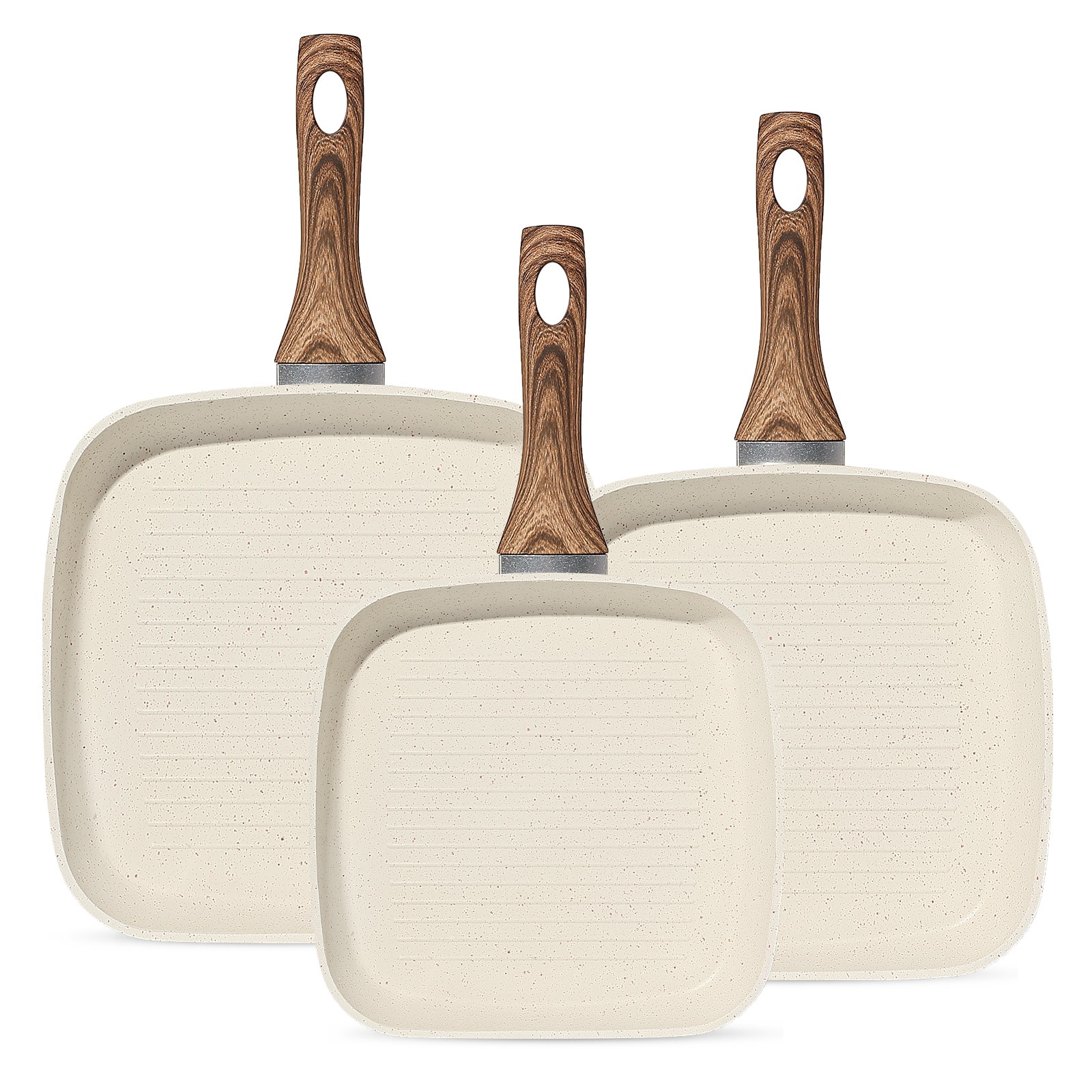 Anysun - 3-Piece Nonstick Square Frying Pan Set - Stay Cool Handles, PFOA Free. 9.5", 10" & 11" for All Stovetops
