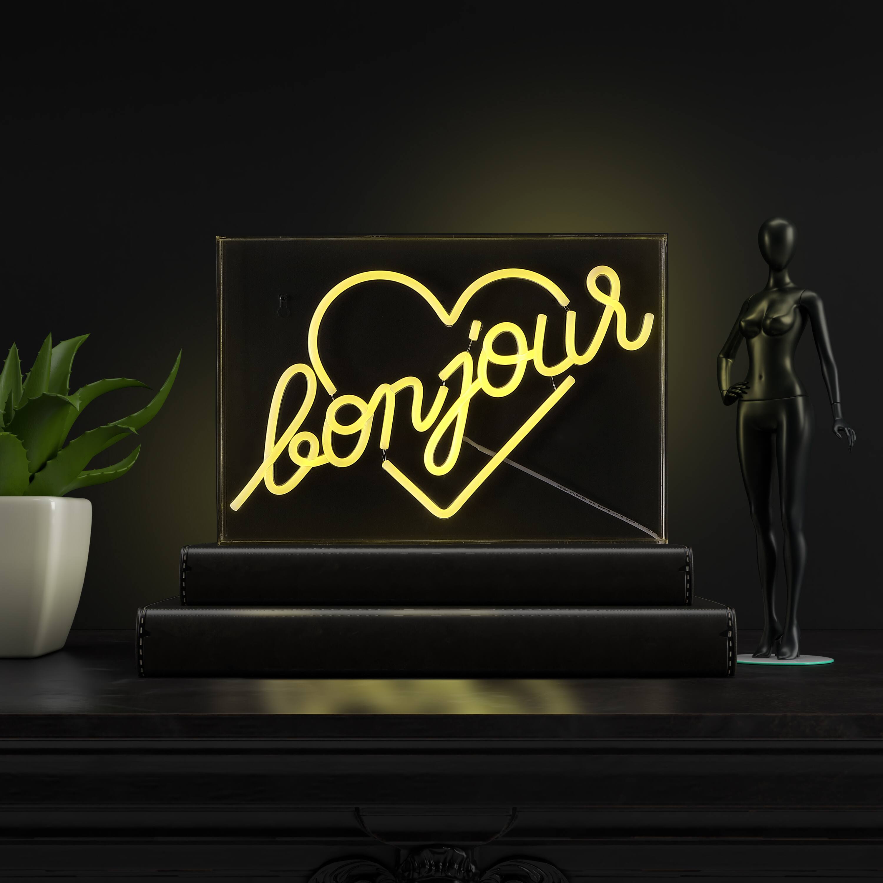 Alt View 1. Jonathan Y - Bonjour Heart 15" X 10.3" Contemporary Glam Acrylic Box USB Operated LED Neon Light, Yellow - Yellow.