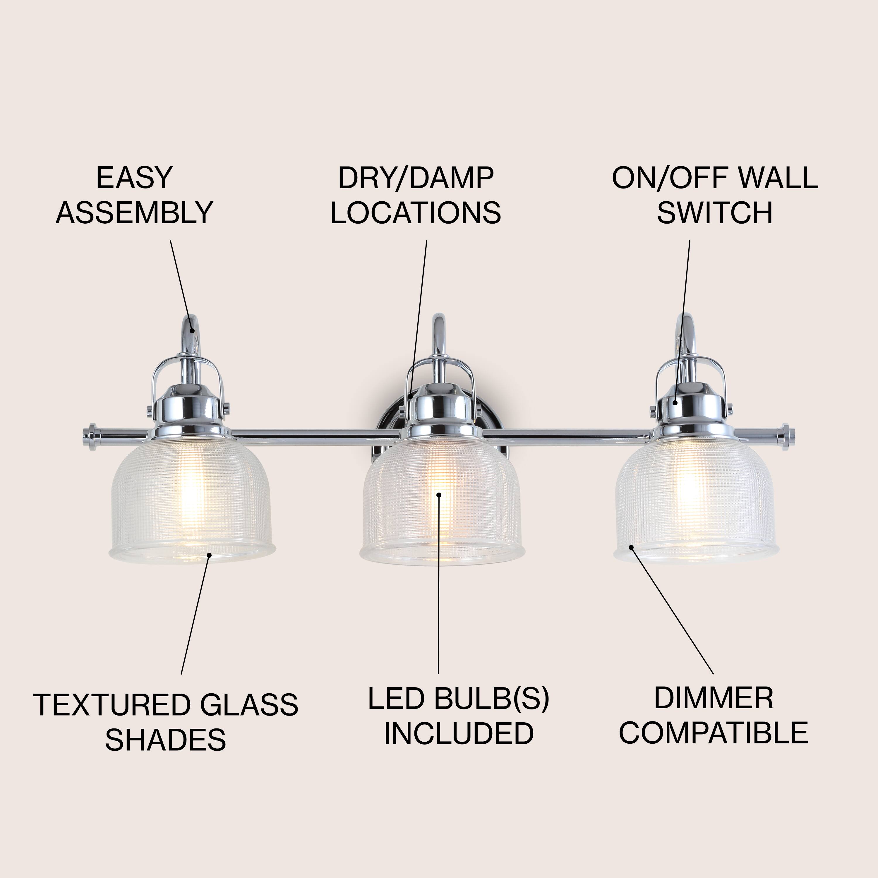 EASY ASSEMBLY  
DRY/DAMP LOCATIONS  
ON/OFF WALL SWITCH  
TEXTURED GLASS SHADES  
LED BULB(S) INCLUDED  
DIMMER COMPATIBLE