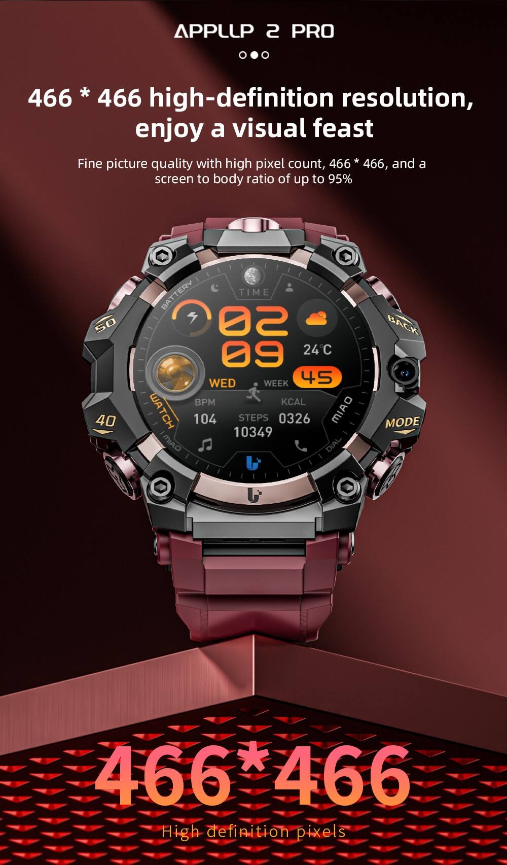 APPLUP 2 PRO

466 * 466 high-definition resolution, enjoy a visual feast

Fine picture quality with high pixel count, 466 * 466, and a screen to body ratio of up to 95%

466*466 High definition pixels