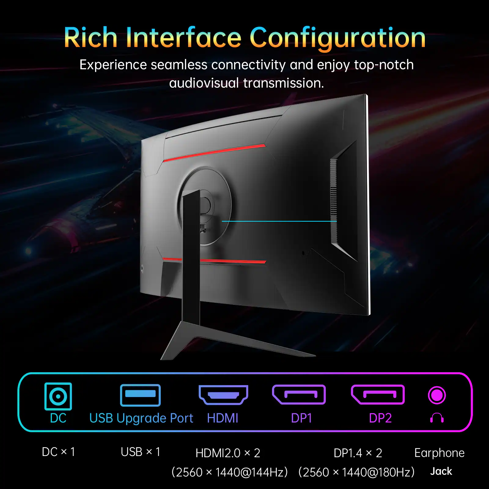 Rich Interface Configuration  
Experience seamless connectivity and enjoy top-notch audiovisual transmission.

DC x 1  
USB Upgrade Port x 1  
HDMI2.0 x 2  
DP1.4 x 2  
Earphone (2560 x 1440@144Hz) (2560 x 1440@180Hz) Jack
