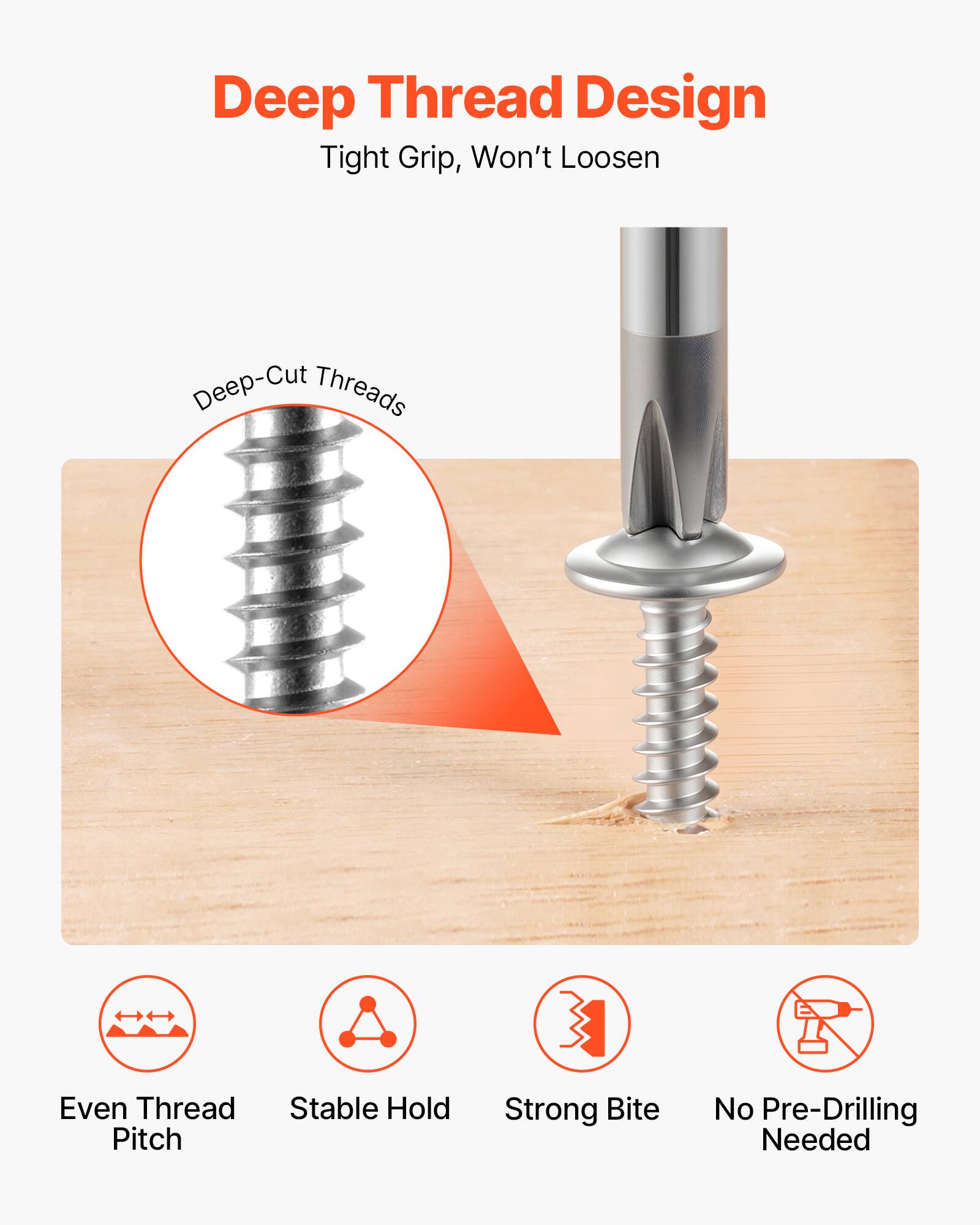 Deep Thread Design  
Tight Grip, Won't Loosen  

- Deep-Cut Threads  
- Even Thread Pitch  
- Stable Hold  
- Strong Bite  
- No Pre-Drilling Needed