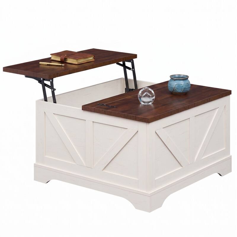 Angle. WELLFOR - 31.5" Lift Top Coffee Table with Hidden Compartment, Square Wood Center Table Perfect for Small Homes, Apartments - Rustic Brown.