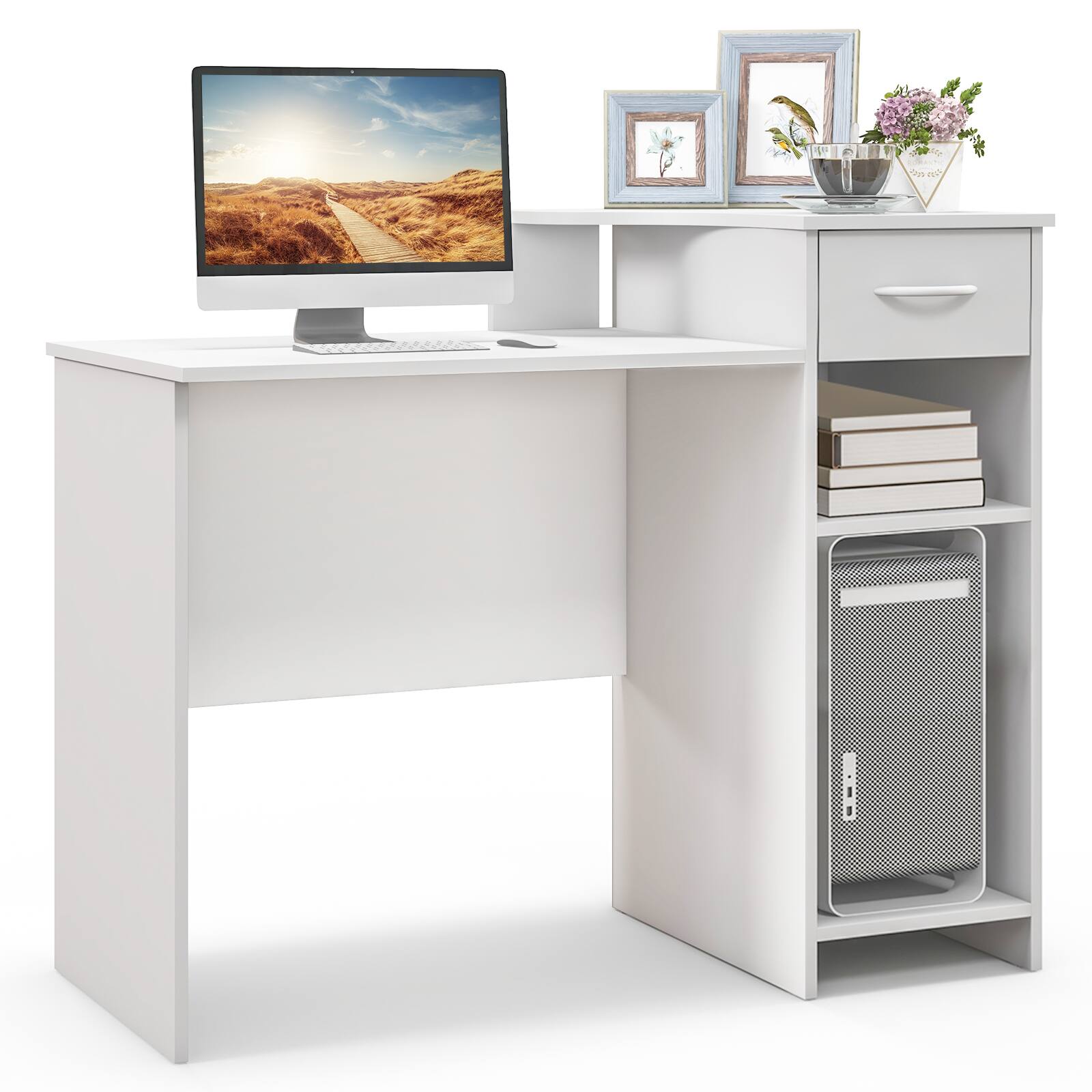 Back. SlickBlue - Modern Writing Computer Desk with Adjustable Shelf & Cable Hole for Study or Office - White.