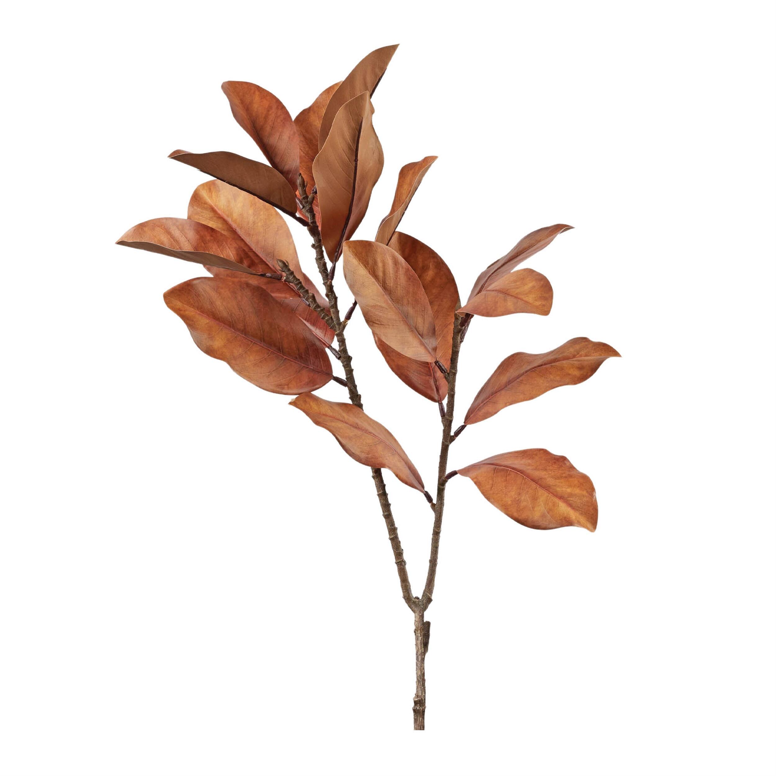 Angle. BreeBe - Fall Magnolia Leaf Spray (Set of 6) - Orange, Red, Brown.