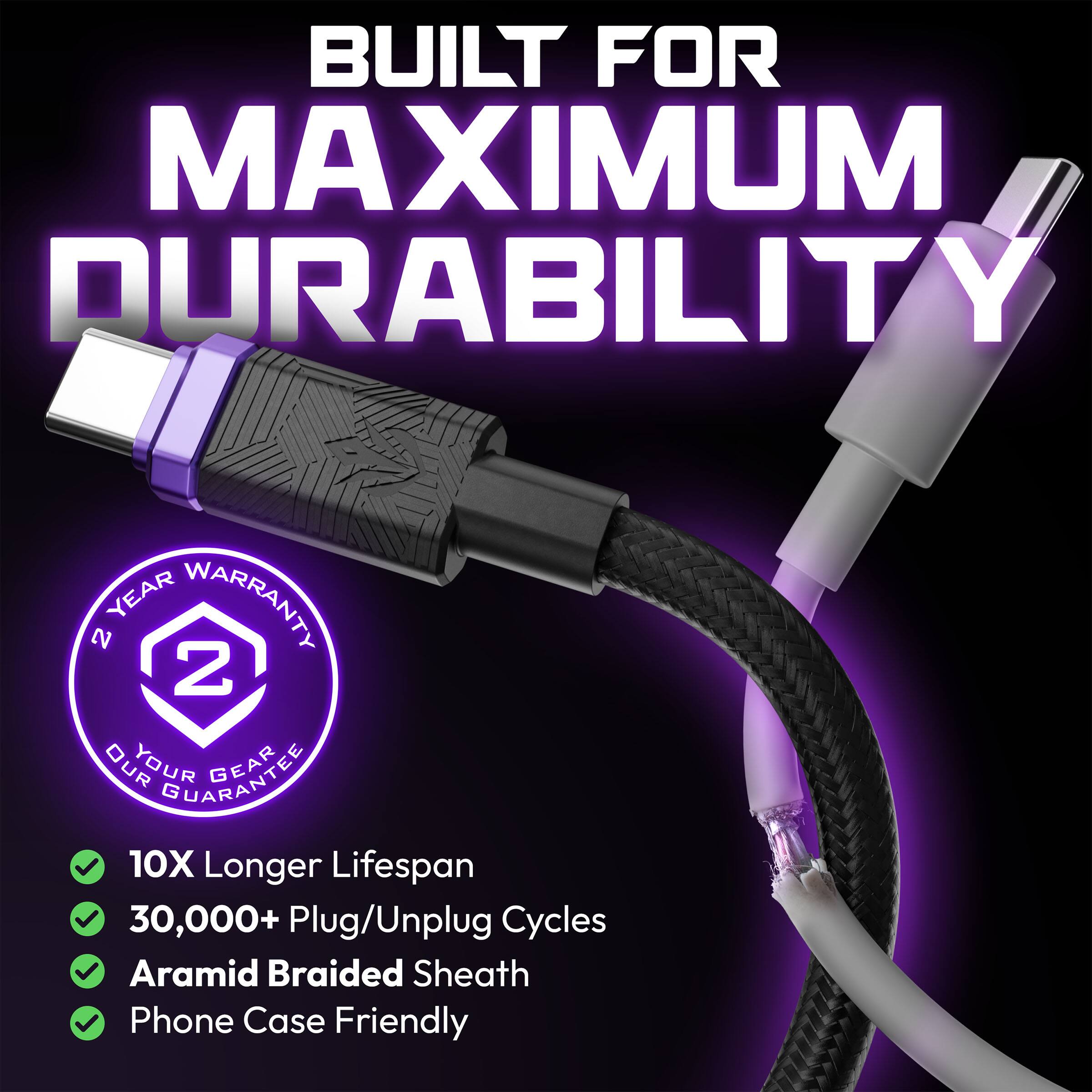 BUILT FOR MAXIMUM DURABILITY

2 YEAR WARRANTY
YOUR GEAR GUARANTEE

- 10X Longer Lifespan
- 30,000+ Plug/Unplug Cycles
- Aramid Braided Sheath
- Phone Case Friendly