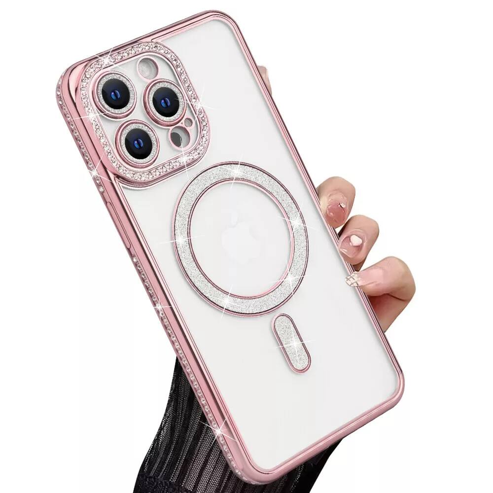 Left. Entronix - Entronix Magnetic Case for iPhone 15 Pro - Clear Back with Luxury Rhinestones - Rose Gold.