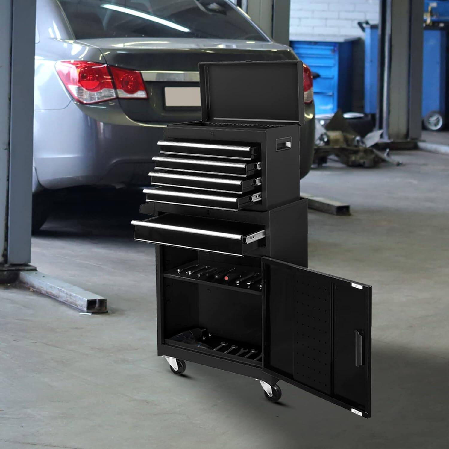 Alt View 5. Winado - 5-Drawer Rolling Tool Chest Storage Cabinet Mechanic Tool Organizer Box with Drawers, Wheels, Detachable Top for Garage - Black.