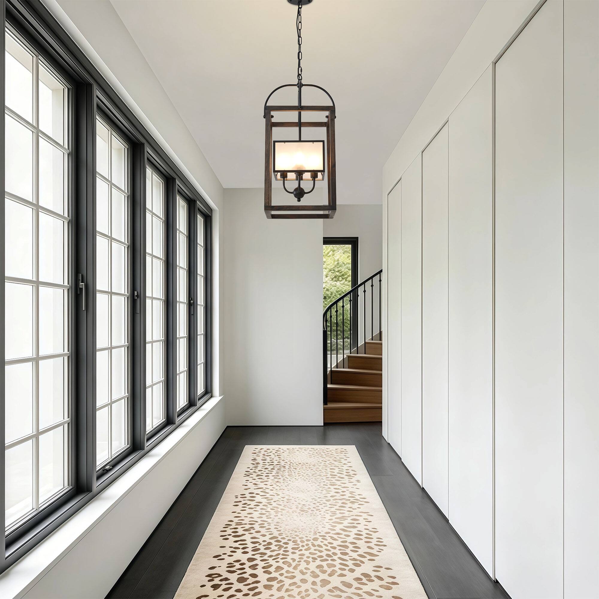 Alt View 1. RYHNUYNE - Farmhouse Wood Pendant Light, Square Lantern Chandelier for Kitchen Island Foyer, Adjustable Dimmable - Brown.