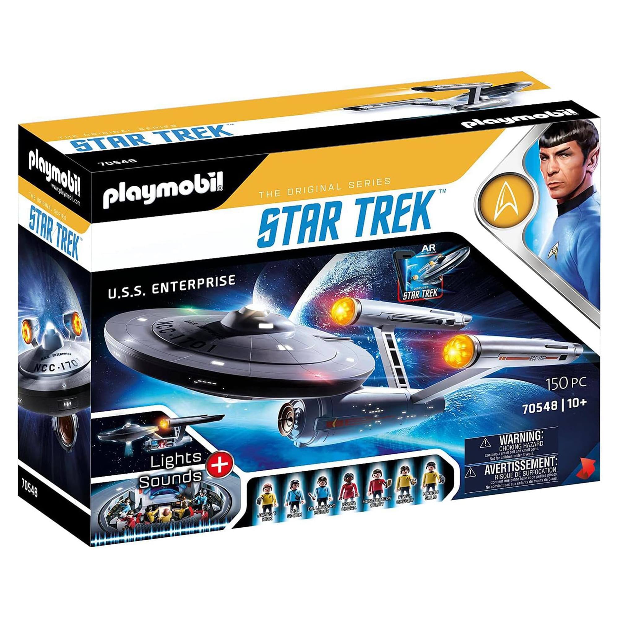 Sure, here is the corrected and grouped text from the image:

---

**Playmobil**

**Star Trek: The Original Series**

**U.S.S. Enterprise**

**NCC-1701**

**Lights + Sounds**

**150 PC**

**70548 | 10+**

**Warning: Choking Hazard - Small parts. Not for children under 3 years.**

**Avertissement: Risque de suffocation. Ne convient pas aux enfants de moins de 3 ans.**

**www.payndil.com**

**AR**

**Star Trek**

**The Original Series**

**TM**

---