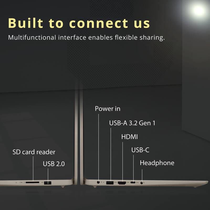 Built to connect us  
Multifunctional interface enables flexible sharing.

Power in  
USB-A 3.2 Gen 1  
HDMI  
USB-C  
Headphone  

SD card reader  
USB 2.0
