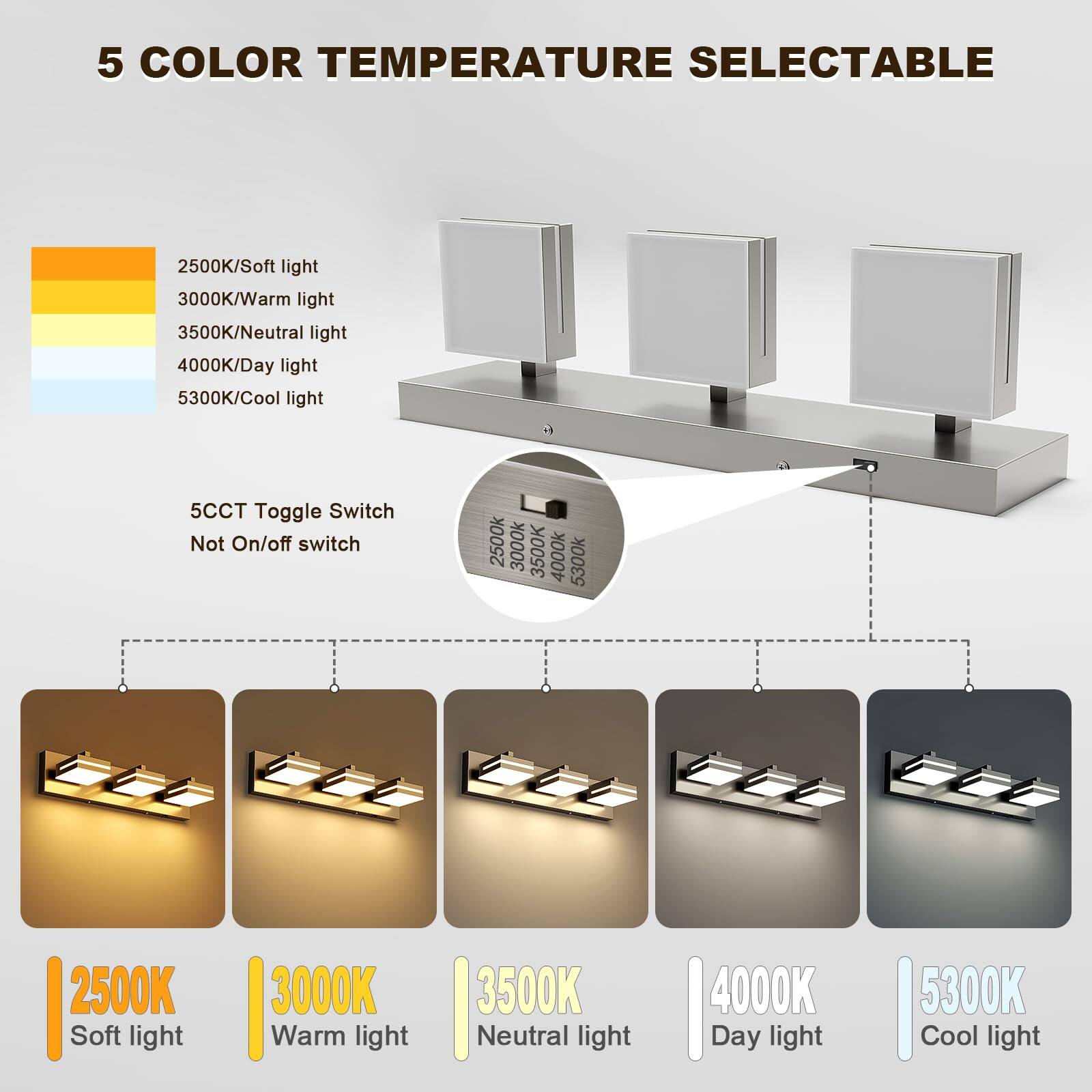 5 COLOR TEMPERATURE SELECTABLE

2500K/Soft light  
3000K/Warm light  
3500K/Neutral light  
4000K/Day light  
5300K/Cool light  

5CCT Toggle Switch  
Not On/off switch  

2500K Soft light  
3000K Warm light  
3500K Neutral light  
4000K Day light  
5300K Cool light
