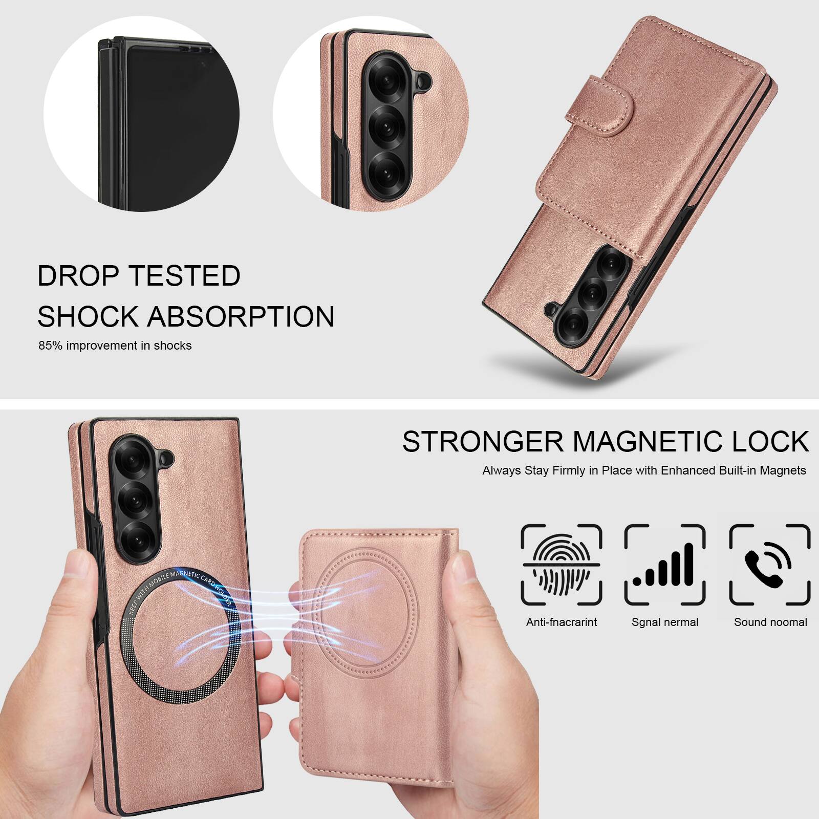 DROP TESTED  
SHOCK ABSORPTION  
85% improvement in shocks  

STRONGER MAGNETIC LOCK  
Always Stay Firmly in Place with Enhanced Built-in Magnets  

Anti-fingerprint  
Signal normal  
Sound normal