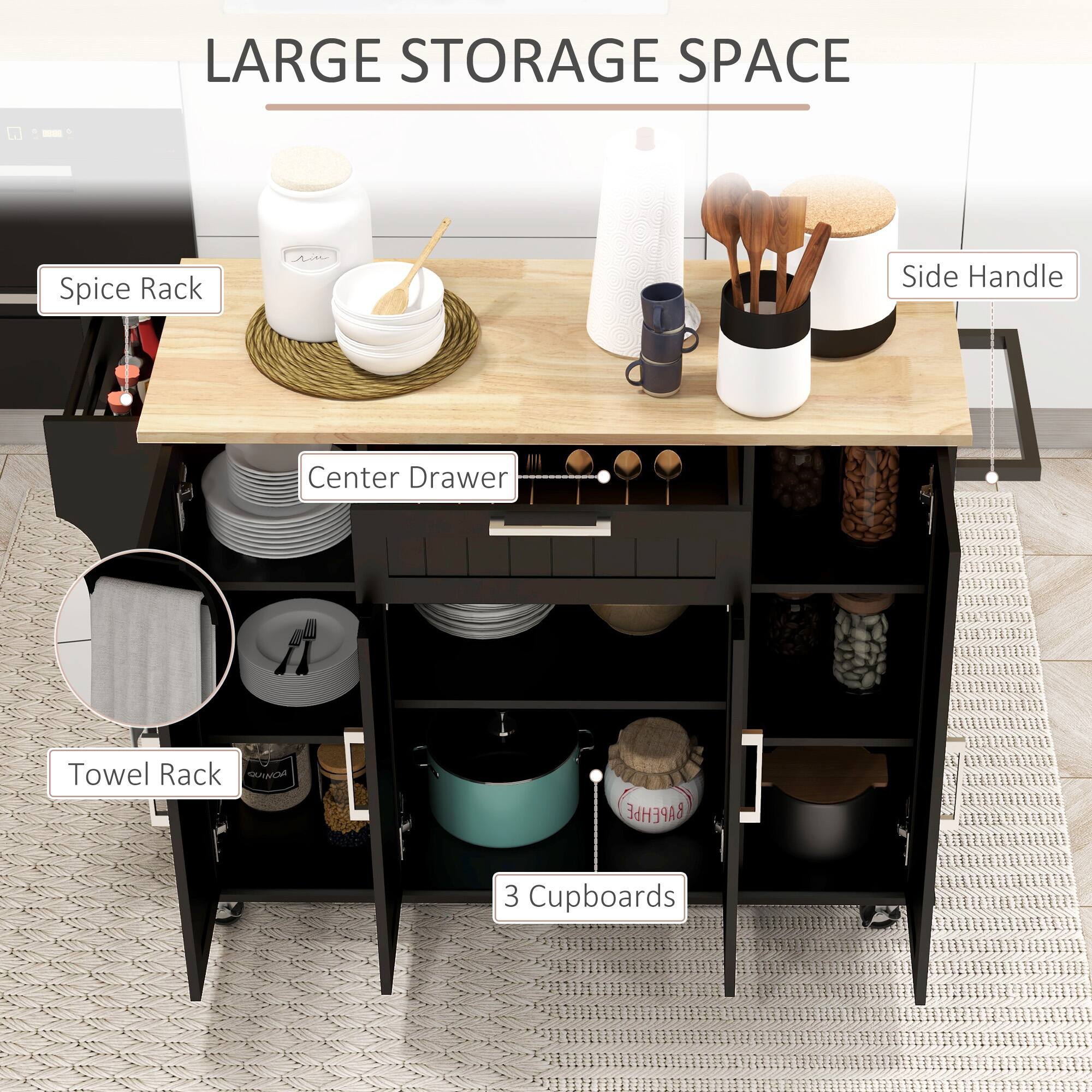 LARGE STORAGE SPACE

- Spice Rack
- Side Handle
- Center Drawer
- Towel Rack
- 3 Cupboards