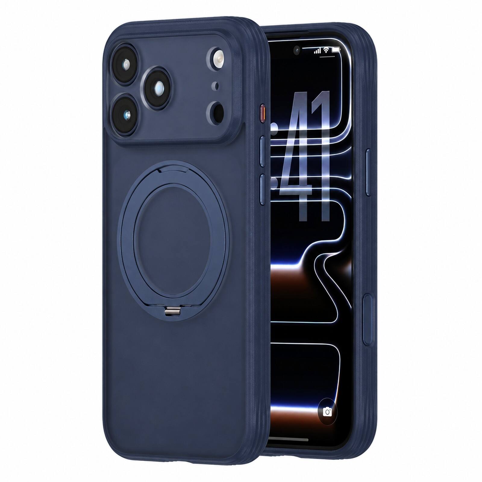 Angle. Dteck - Rugged Case For Apple iPhone 17 Pro Shockproor Frosted Translucent Ring Stand Cover Compatible with Magsafe Accessories - Darkblue.