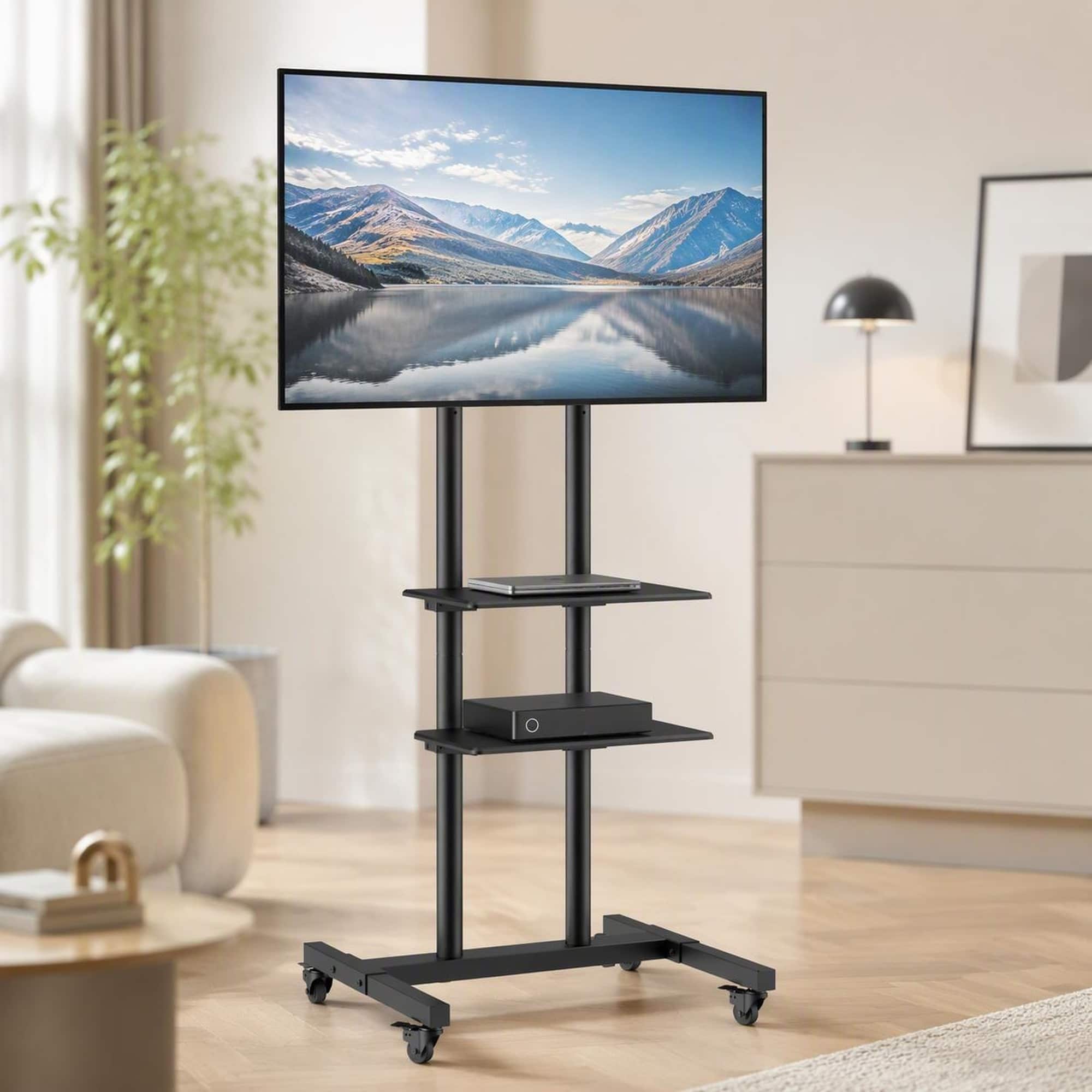 RYHNUYNE - Mobile TV Stand Cart, Height Adjustable Portable Rolling Mount With Double Tray For 32-70 Inch TVs - Black