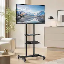 RYHNUYNE - Mobile TV Stand Cart, Height Adjustable Portable Rolling Mount With Double Tray For 32-70 Inch TVs - Black