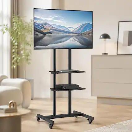 Front. RYHNUYNE - Mobile TV Stand Cart, Height Adjustable Portable Rolling Mount With Double Tray For 32-70 Inch TVs - Black.