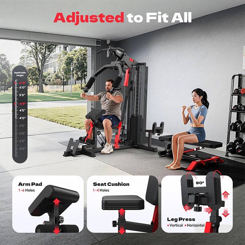Adjusted to Fit All

Applicable Height: 6'3", 6'0", 5'5", 4'9", 4'5", 4'0", 3'5", 3'0", 2'5", 2'0"

Arm Pad: 1-6 Holes

Seat Cushion: 1-4 Holes

Leg Press: Vertical, Horizontal