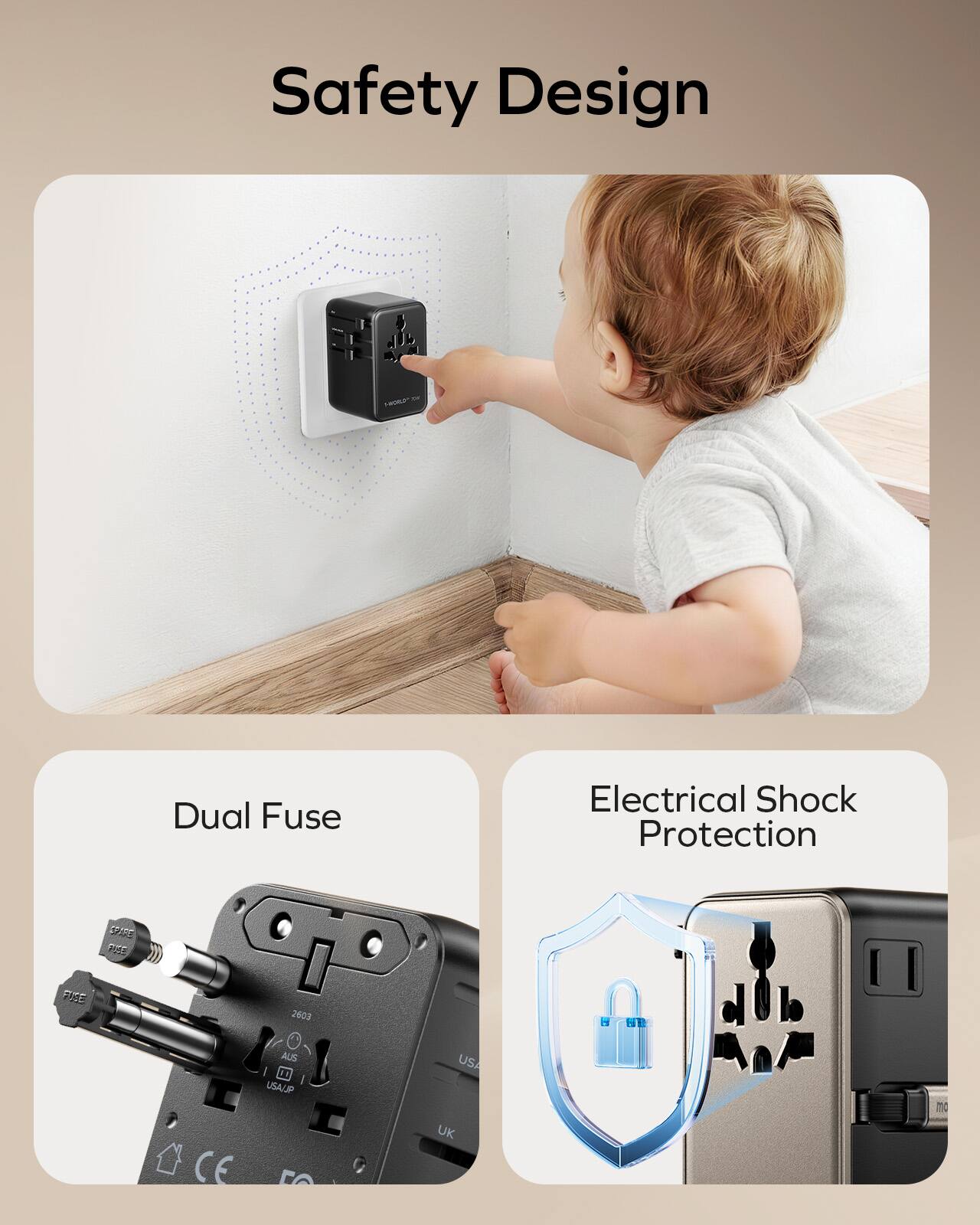 Safety Design  
Dual Fuse Electrical Shock Protection  
D 20 PEE 2603 CE AUS USAUJP USA UK