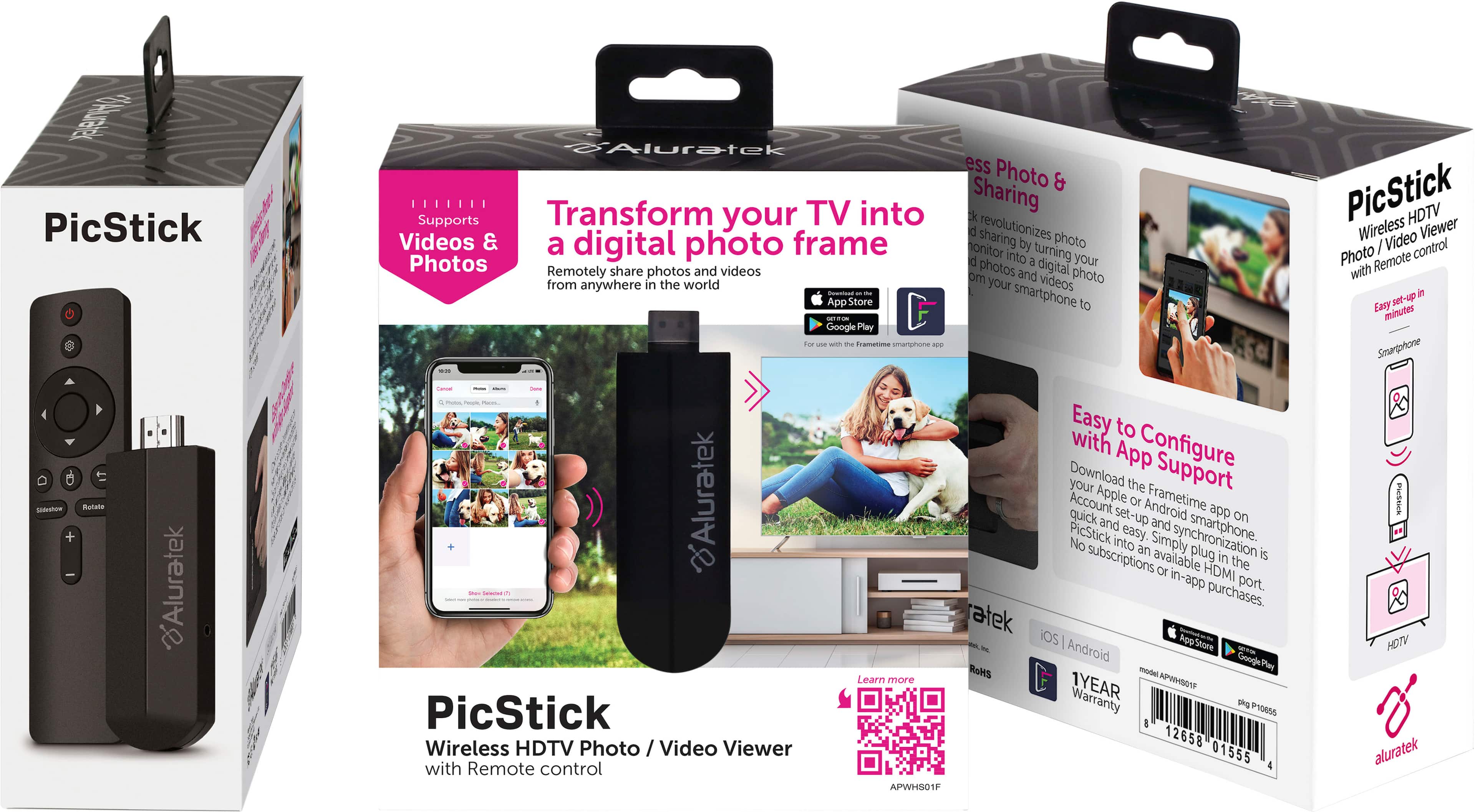 PicStick is a wireless HDTV video viewer that transforms your TV into a digital photo frame. It allows you to remotely share photos and videos from your smartphone to your TV, making it easy to set up and use. The PicStick comes with a remote control and supports both iOS and Android devices. It also has a 1-year warranty and is available in a RoHS model. The product is available for purchase through the Apple App Store and Google Play.