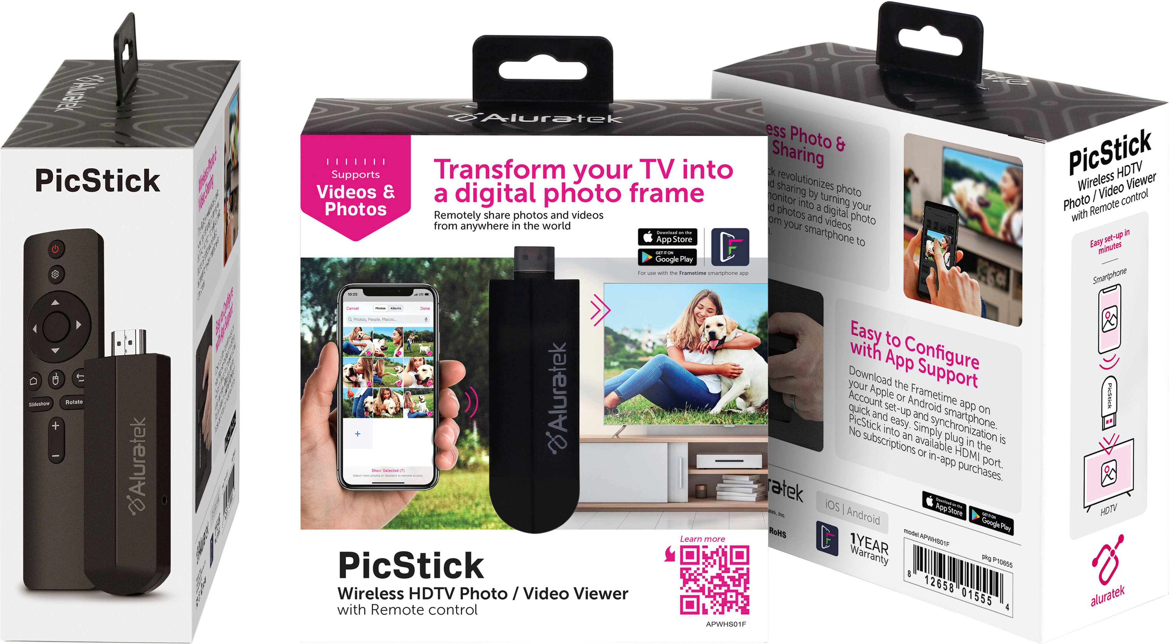 PicStick is a wireless HDTV video viewer that transforms your TV into a digital photo frame. It allows you to remotely share photos and videos from your smartphone to your TV, making it easy to set up and use. The PicStick comes with a remote control and supports both iOS and Android devices. It also has a 1-year warranty and is available in a RoHS model. The product is available for purchase through the Apple App Store and Google Play.