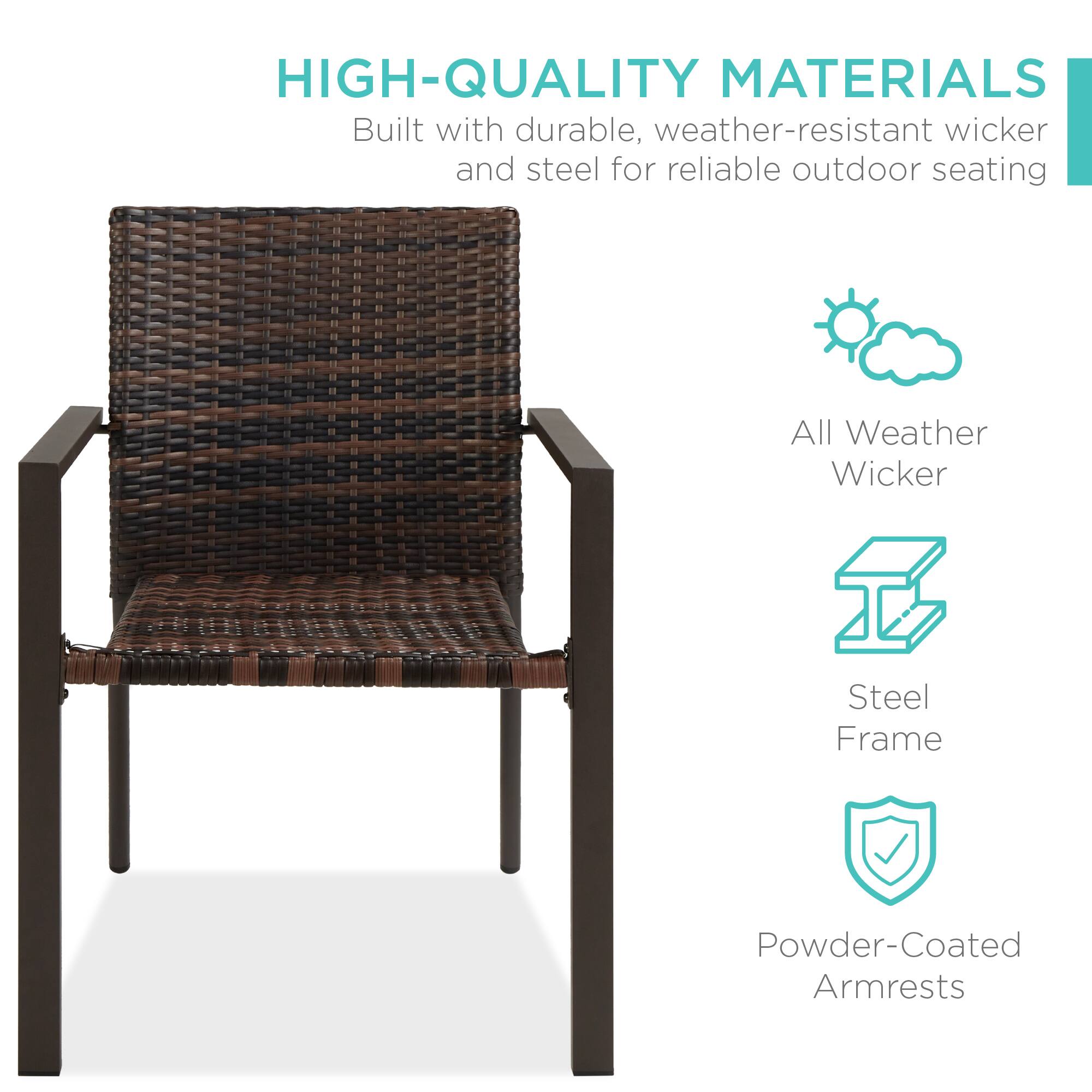HIGH-QUALITY MATERIALS  
Built with durable, weather-resistant wicker and steel for reliable outdoor seating  

- All Weather Wicker  
- Steel Frame  
- Powder-Coated Armrests