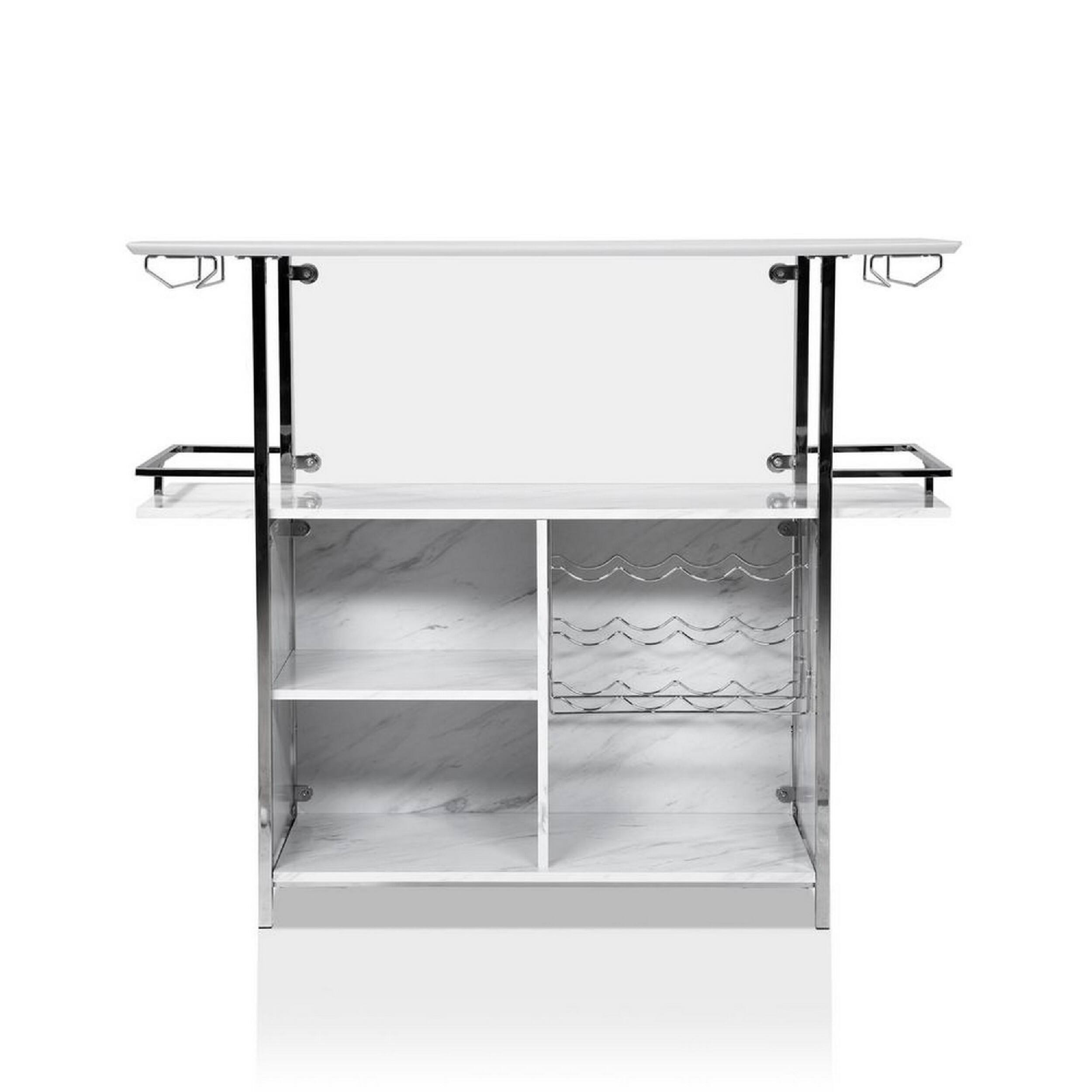 Alt View 1. Manhattan Lane - 47 Inch Faux Marble Bar Table, Hanging Stemware, Steel Frame, White, Chrome - White and Chrome.