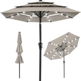 Best Choice Products - 10ft 3-Tier Solar Patio Umbrella w/ 24 LED Lights, Tilt Adjustment, Easy Crank - Beige