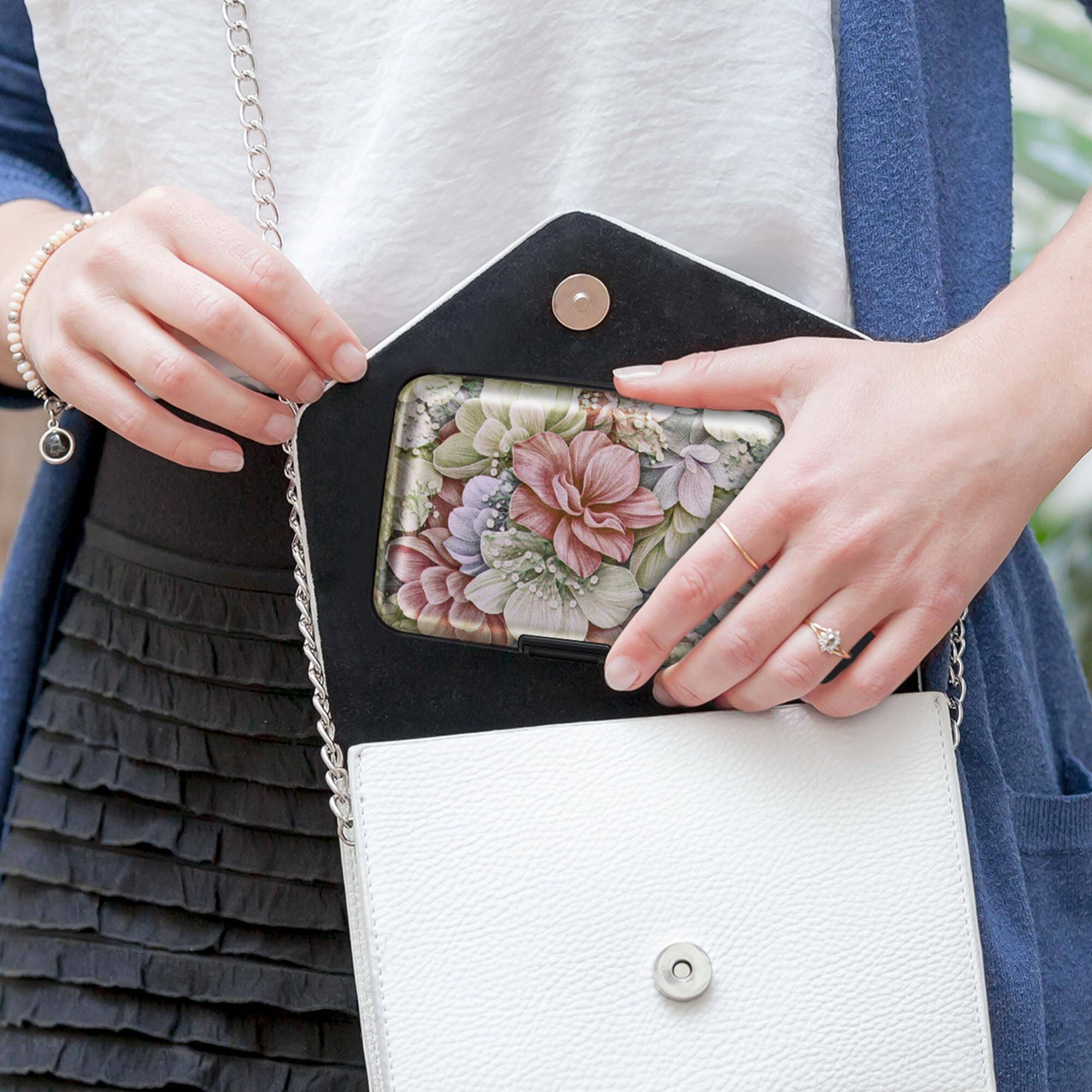 Alt View 4. Jadie Link - Credit Card Holder Women Rfid Blocking Aluminum Alloy Hard Case Small Mini Metal Wallet Men Happy Flower RFID-blocking - Happy Flower.