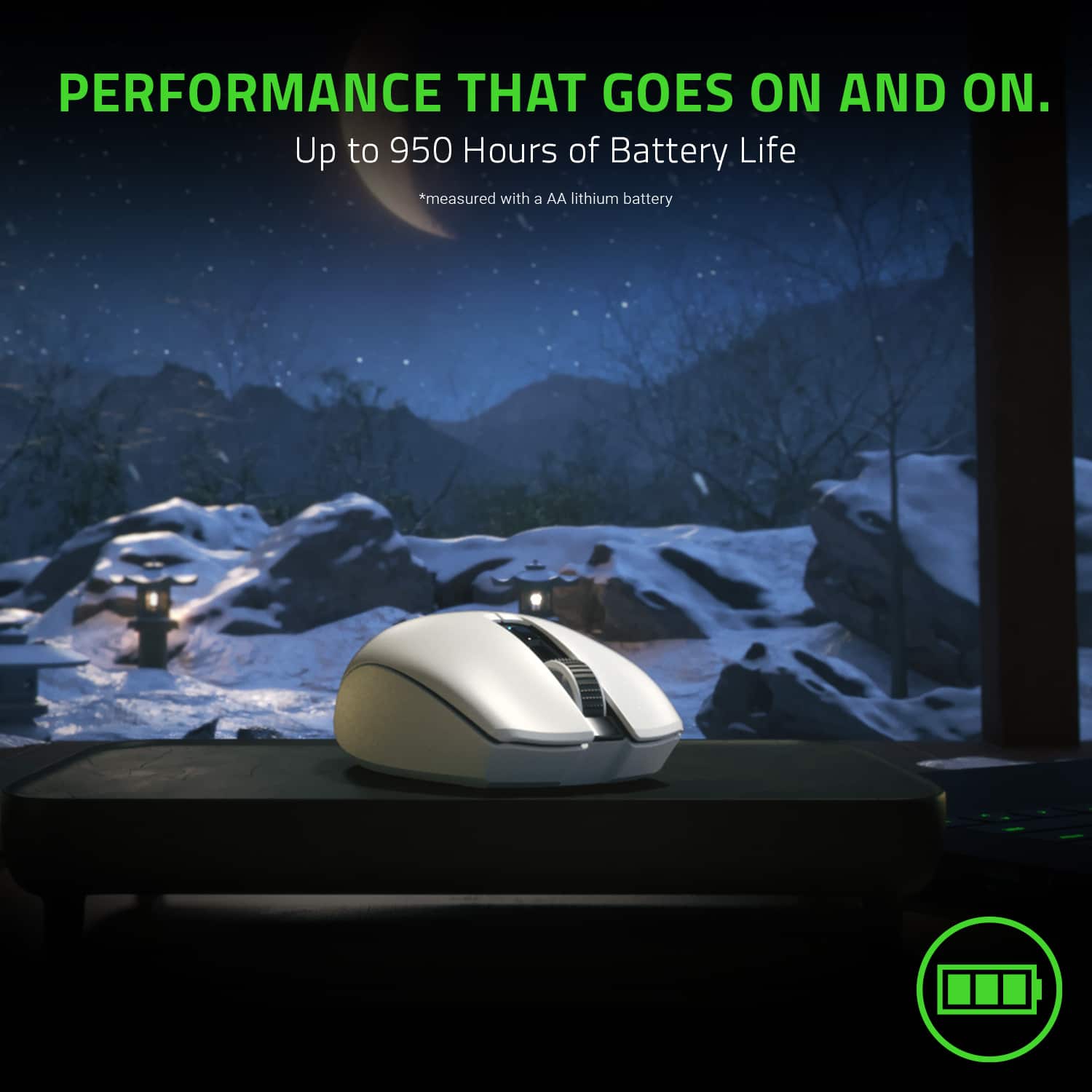 Performance That Goes On and On. Up to 950 Hours of Battery Life *measured with a AA lithium battery.
