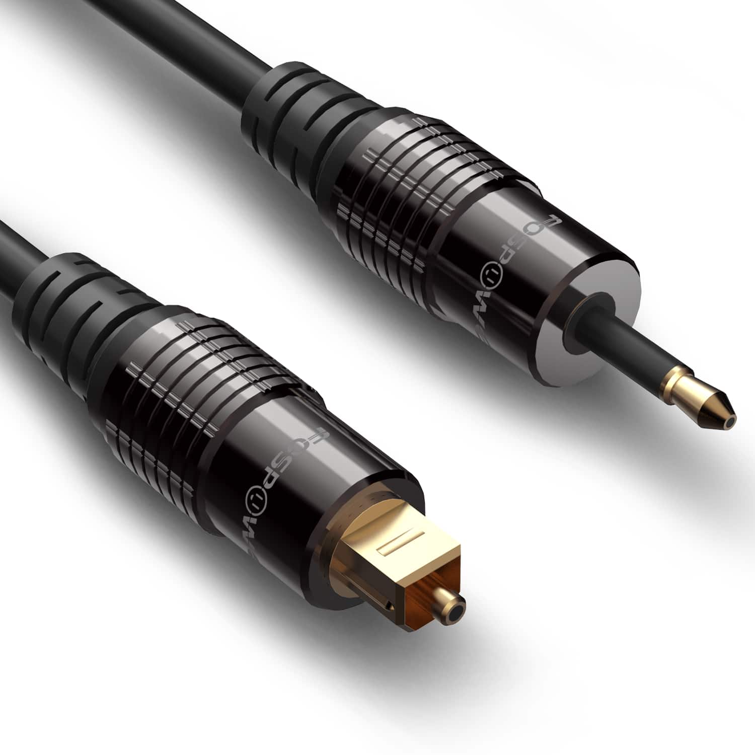 FosPower - 24K Gold-Plated Toslink to Mini Toslink Cable - 3FT, S/PDIF Digital Optical Audio Cable, Fiber Core Optical Cable - Black