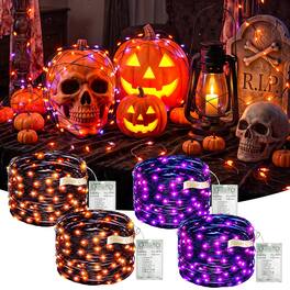 Veranti - 4-Pack Halloween String Lights with Timer and Dimming, 50 LEDs per String, 8 Modes - 2Orange+2Purple