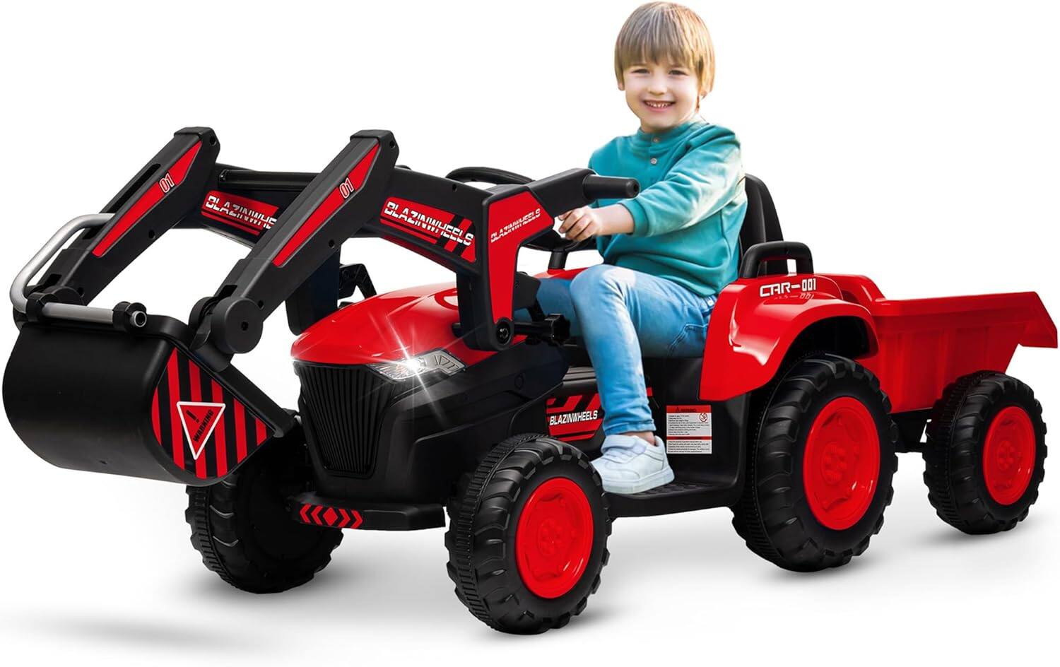 Acekool - 12V 3-in-1 Kids Ride On Excavator Tractor with Trailer, Remote, LED Lights, Bluetooth Music, Safety - Red