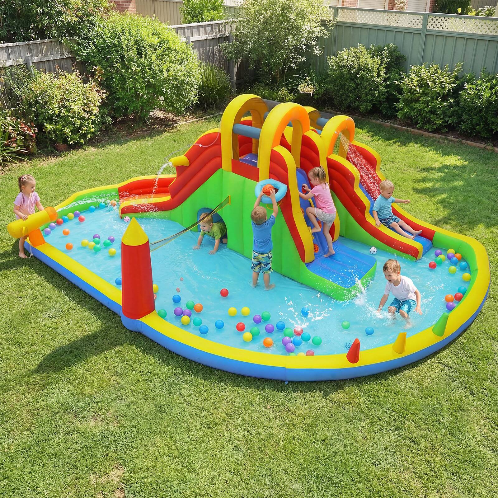 Alt View 1. Costway - Costway Water Slide Park, Bounce House with 2 Long Slides & Climbing Walls, for Yard Party - Multi-color.