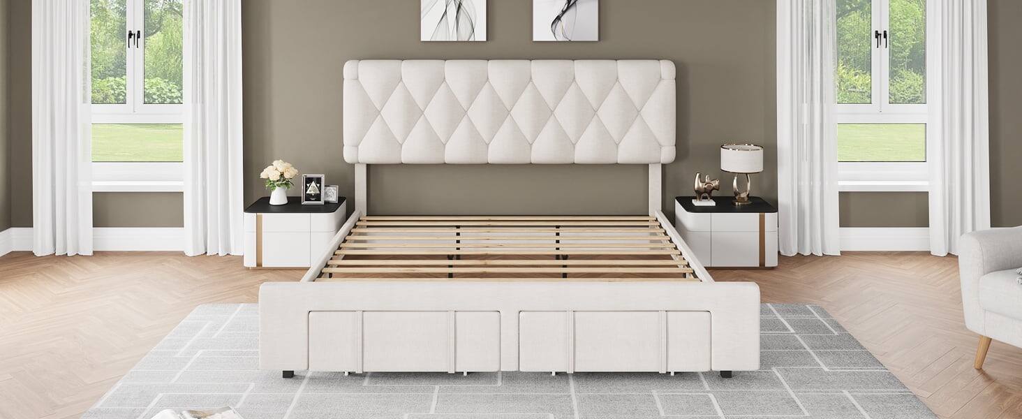 Alt View 2. GARVEE - King Size Bed Frame Beige Diamond Tufted Headboard Upholstered Storage Drawer No Box Spring - Beige King.