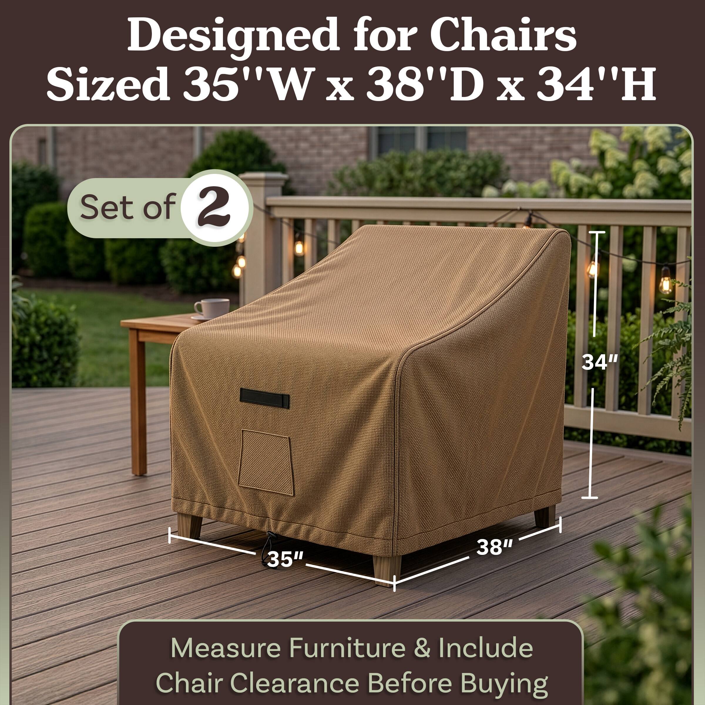 Designed for Chairs Sized 35"W x 38"D x 34"H  
Set of 2  
Measure Furniture & Include Chair Clearance Before Buying