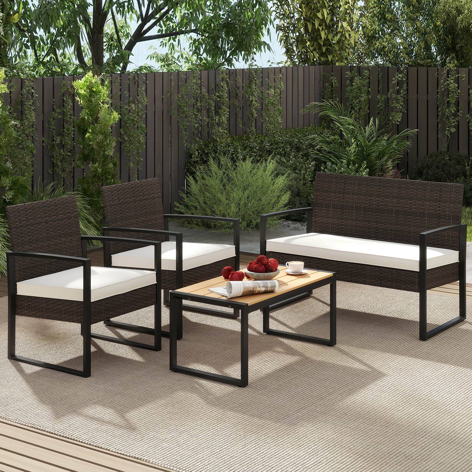Alt View 4. Gymax - Gymax 8 Pieces Patio Furniture Set PE Rattan Porch Chairs w/ Loveseat & Coffee Table - Off White, Mix Brown.