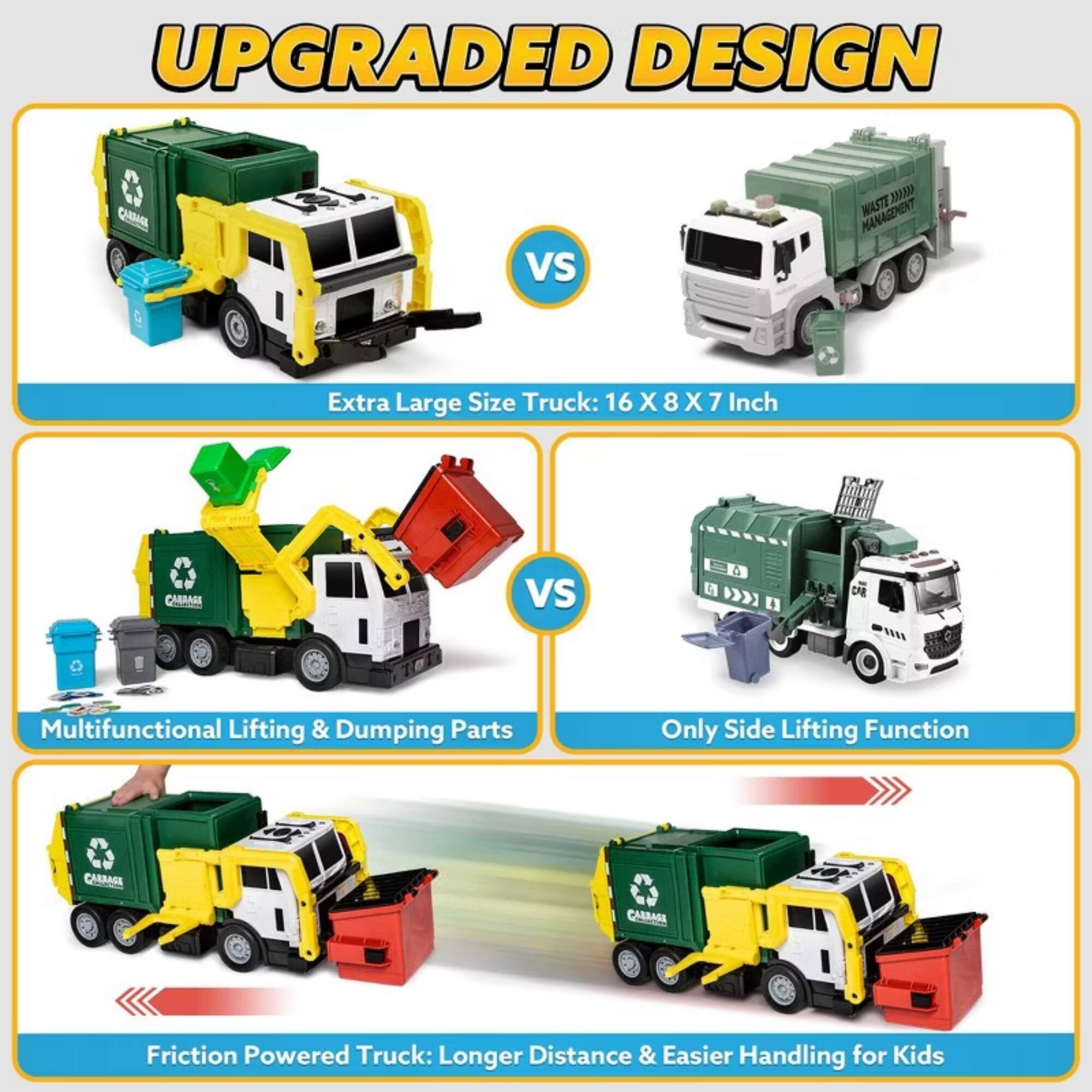 UPGRADED DESIGN

Extra Large Size Truck: 16 X 8 X 7 Inch

Multifunctional Lifting & Dumping Parts

Only Side Lifting Function

Friction Powered Truck: Longer Distance & Easier Handling for Kids