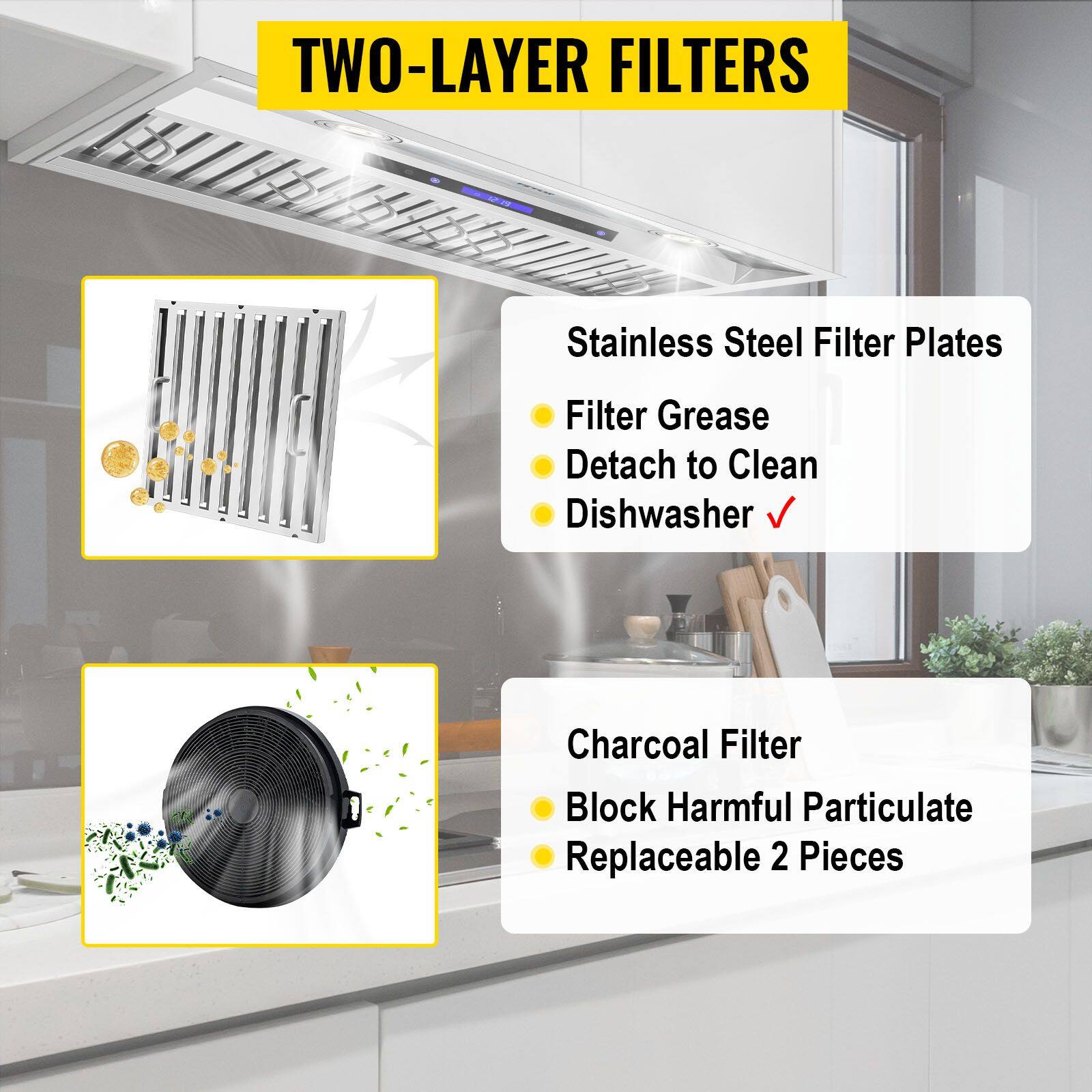 TWO-LAYER FILTERS

Stainless Steel Filter Plates
- Filter Grease
- Detach to Clean
- Dishwasher ✔️

Charcoal Filter
- Block Harmful Particulate
- Replaceable 2 Pieces