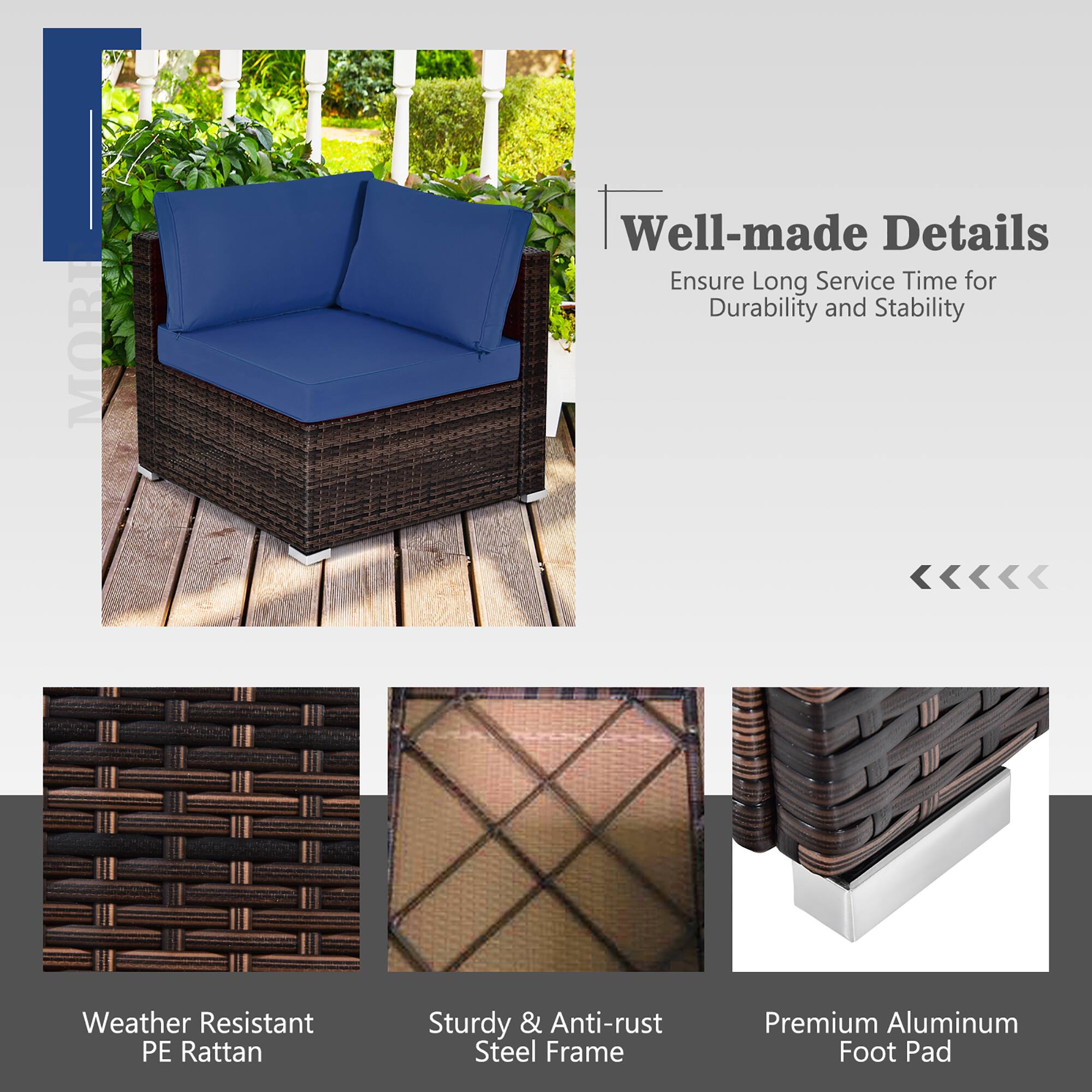 Sure, here is the corrected and grouped text from the image:

---

**Well-made Details**

Ensure Long Service Time for Durability and Stability

- Weather Resistant PE Rattan
- Sturdy & Anti-rust Steel Frame
- Premium Aluminum Foot Pad

---